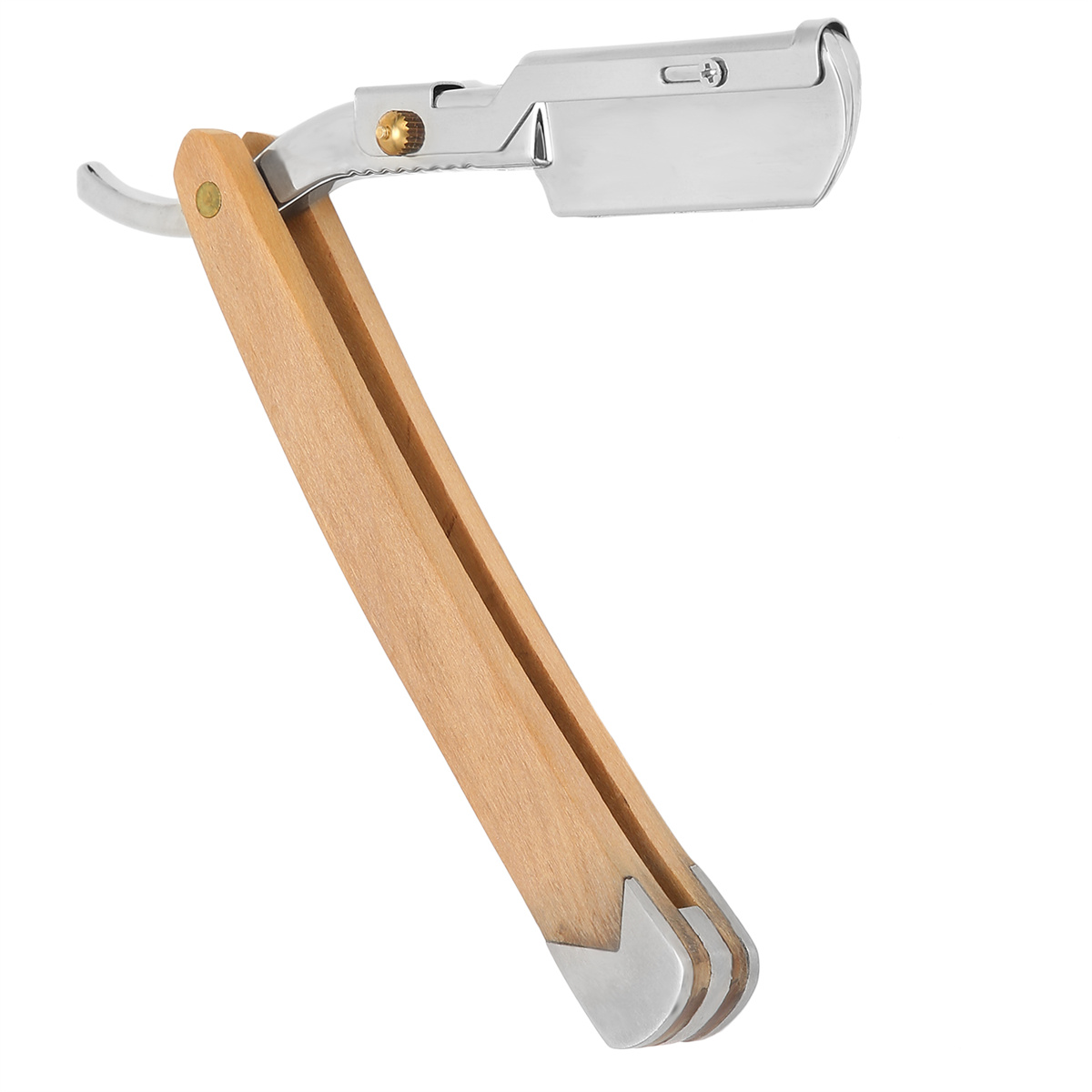 Ein Rasiermesser mit Holzgriff und silberner Klinge, geöffnet und nach oben angewinkelt.