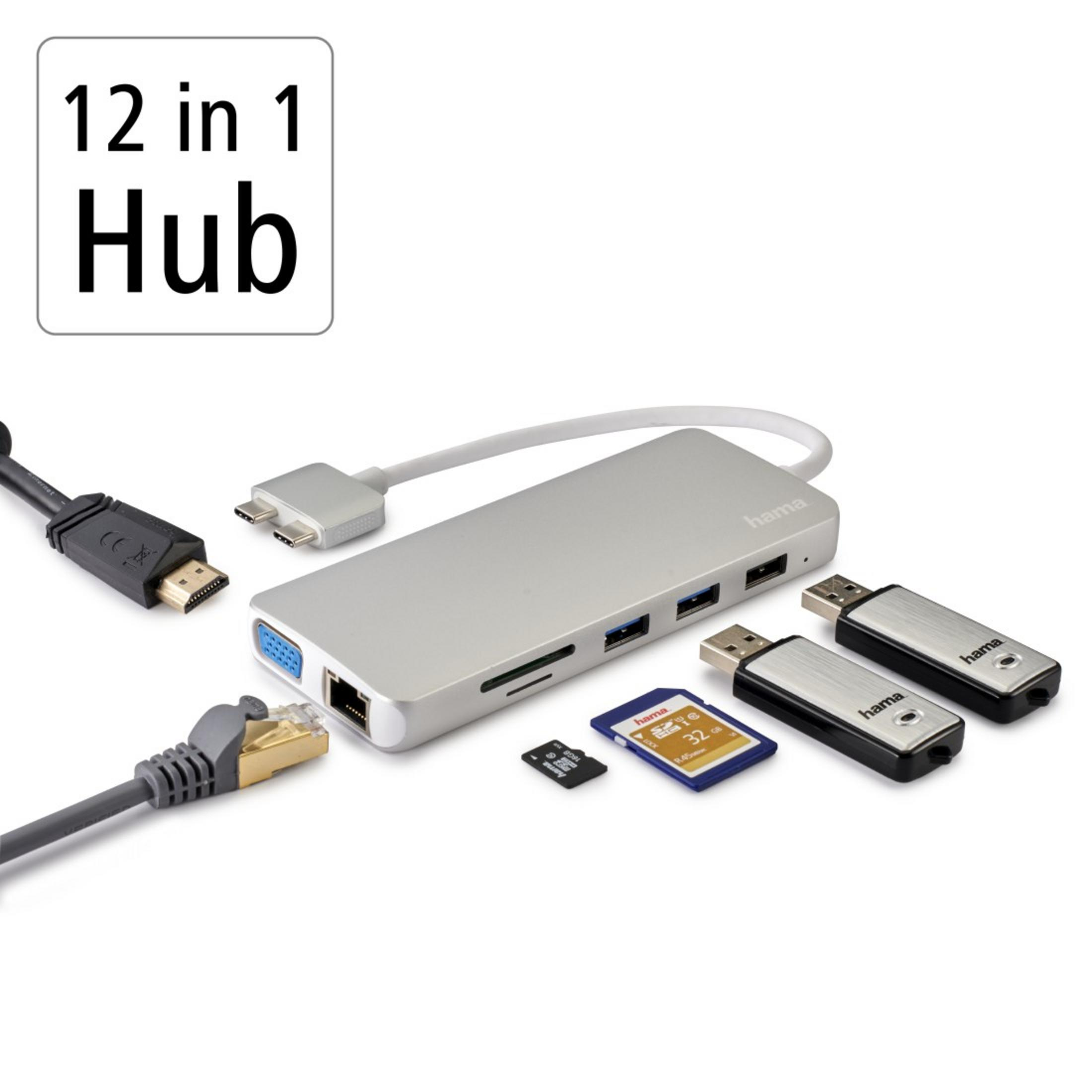 Srebrny hub 12 w 1 z różnymi portami, plus dyski USB, karta SD i kable.