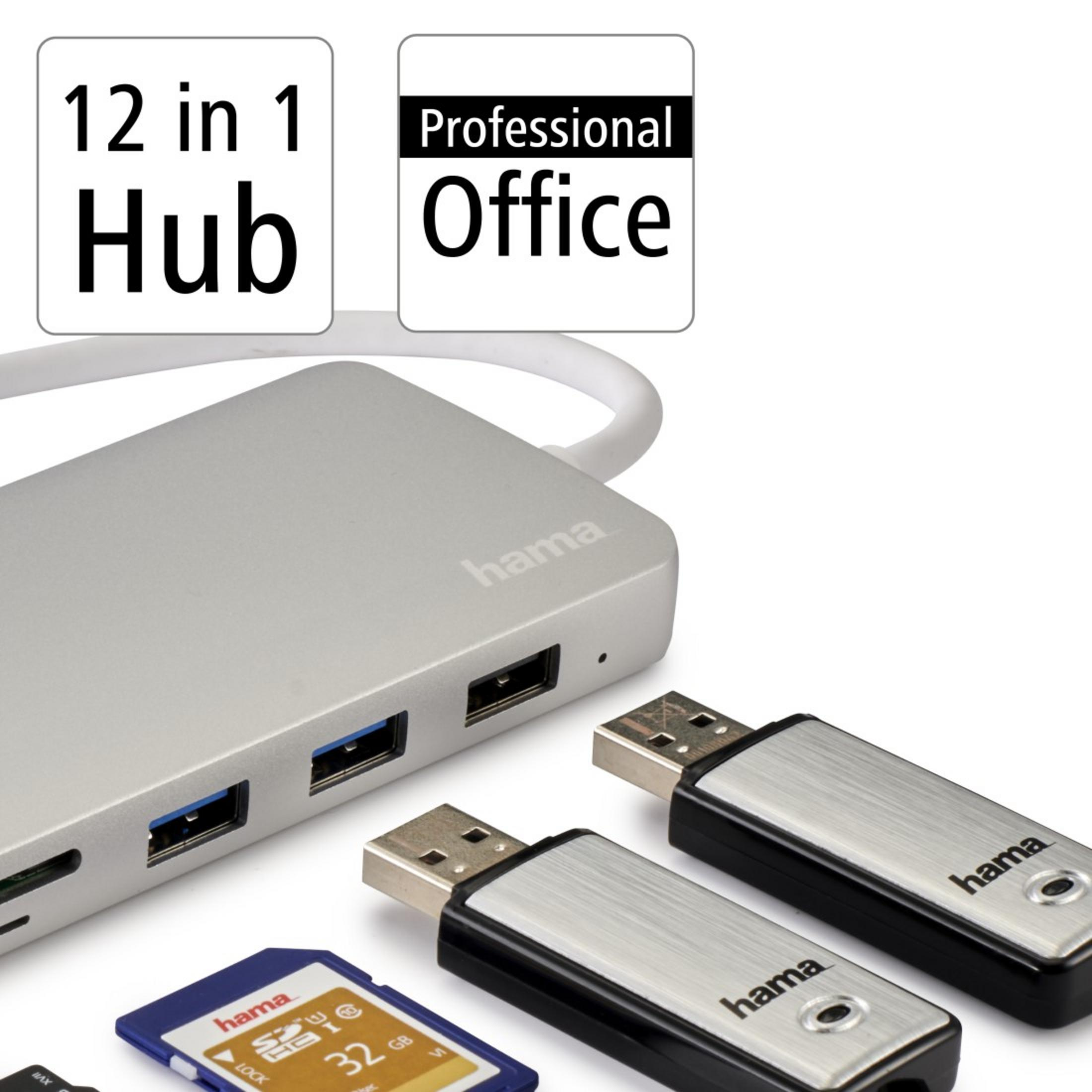 Srebrny hub z wieloma portami USB i gniazdami kart SD, z pendrive'ami USB.