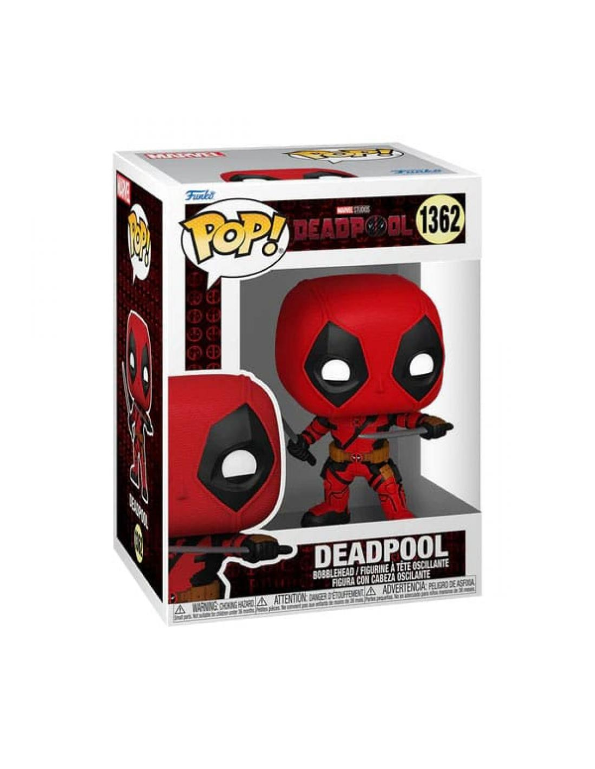 Figurka Deadpool Funko Pop w pudełku. Figurka jest w czerwonym kostiumie, trzymając miecz.