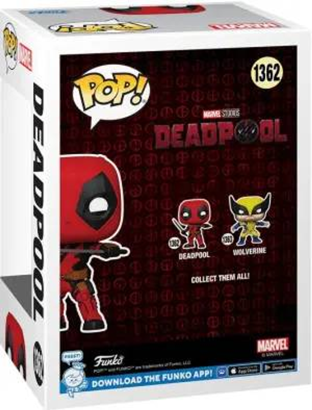 Pudełko Funko Pop Deadpoola ze zdjęciami Deadpoola i Wolverine'a. Widoczny numer 1362.