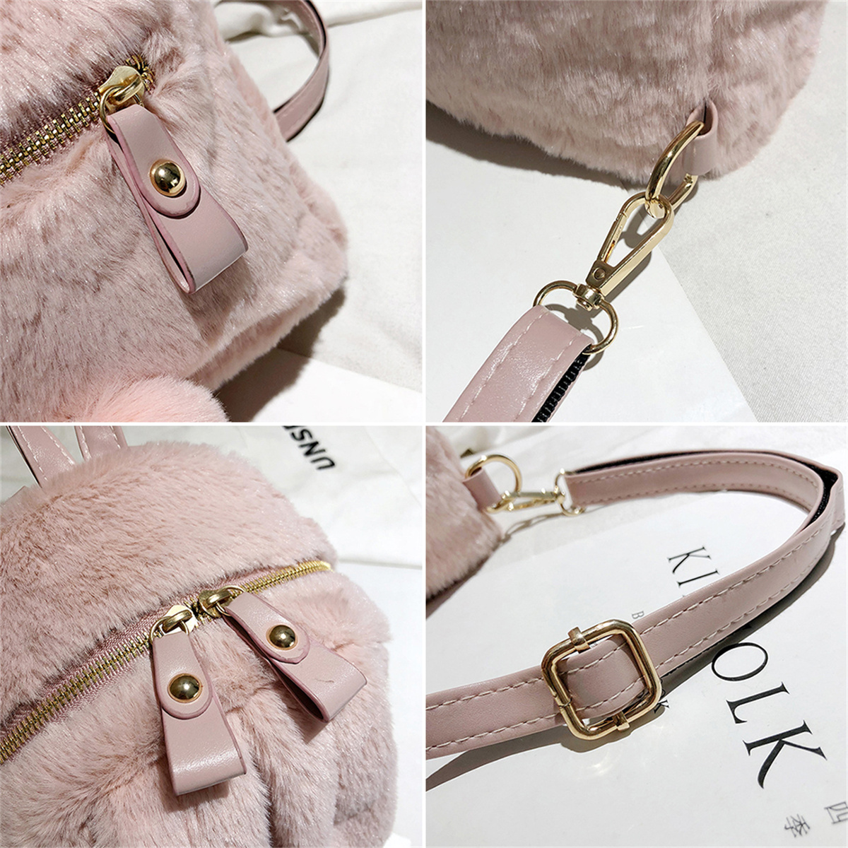 Nahaufnahmen eines pinkfarbenen, pelzigen Rucksacks mit goldenen Reißverschlüssen und Trägern, die Details zeigen.