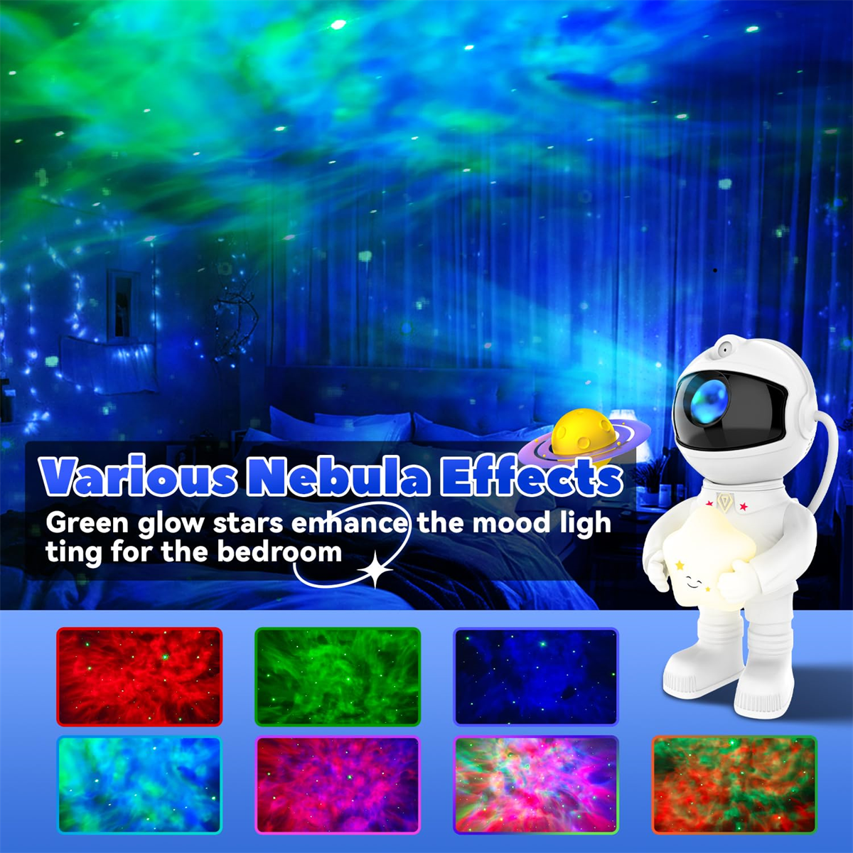 Ein Spielzeug-Astronaut hält ein Licht. Raum gefüllt mit projizierten Sternen und Nebel-Designs.