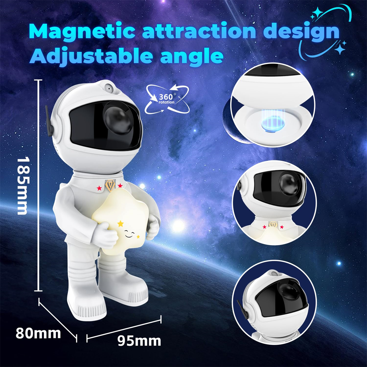 Eine weiße Astronautenfigur, die einen leuchtenden Stern hält, mit Maßangaben und Text.