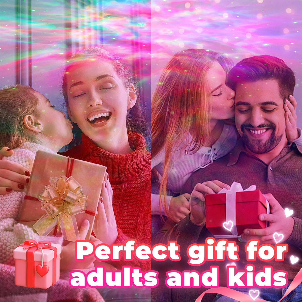 Eine Gruppe von Menschen tauscht Geschenke aus, mit einem bunten Hintergrund. Der Text lautet: Perfektes Geschenk für Erwachsene und Kinder.