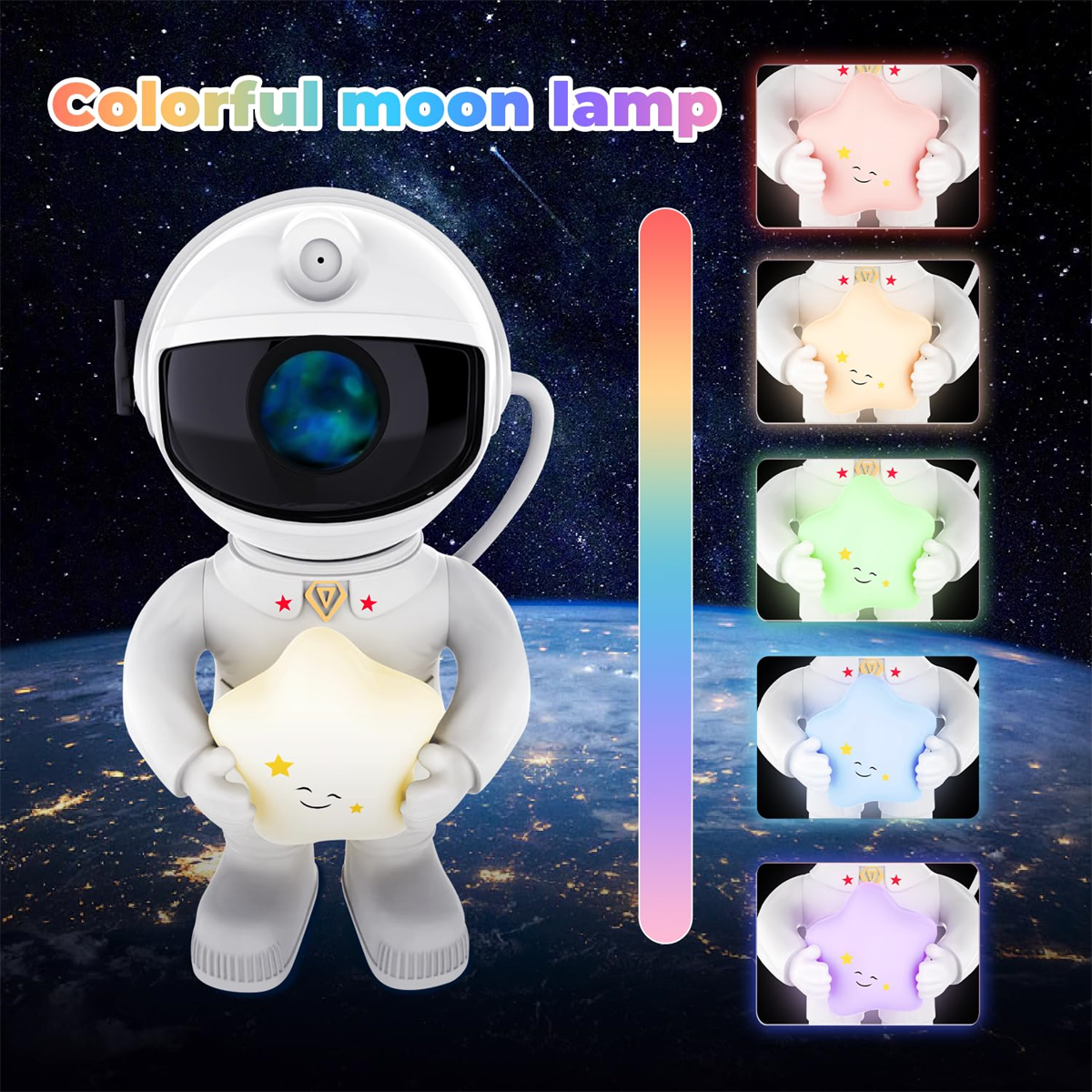 Astronautenlampe mit verschiedenen Farben und Erdhintergrund.