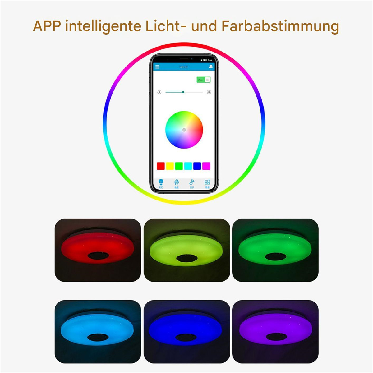 Eine Smartphone-App steuert ein Licht. Sechs kreisförmige Lichter in verschiedenen Farben darunter.