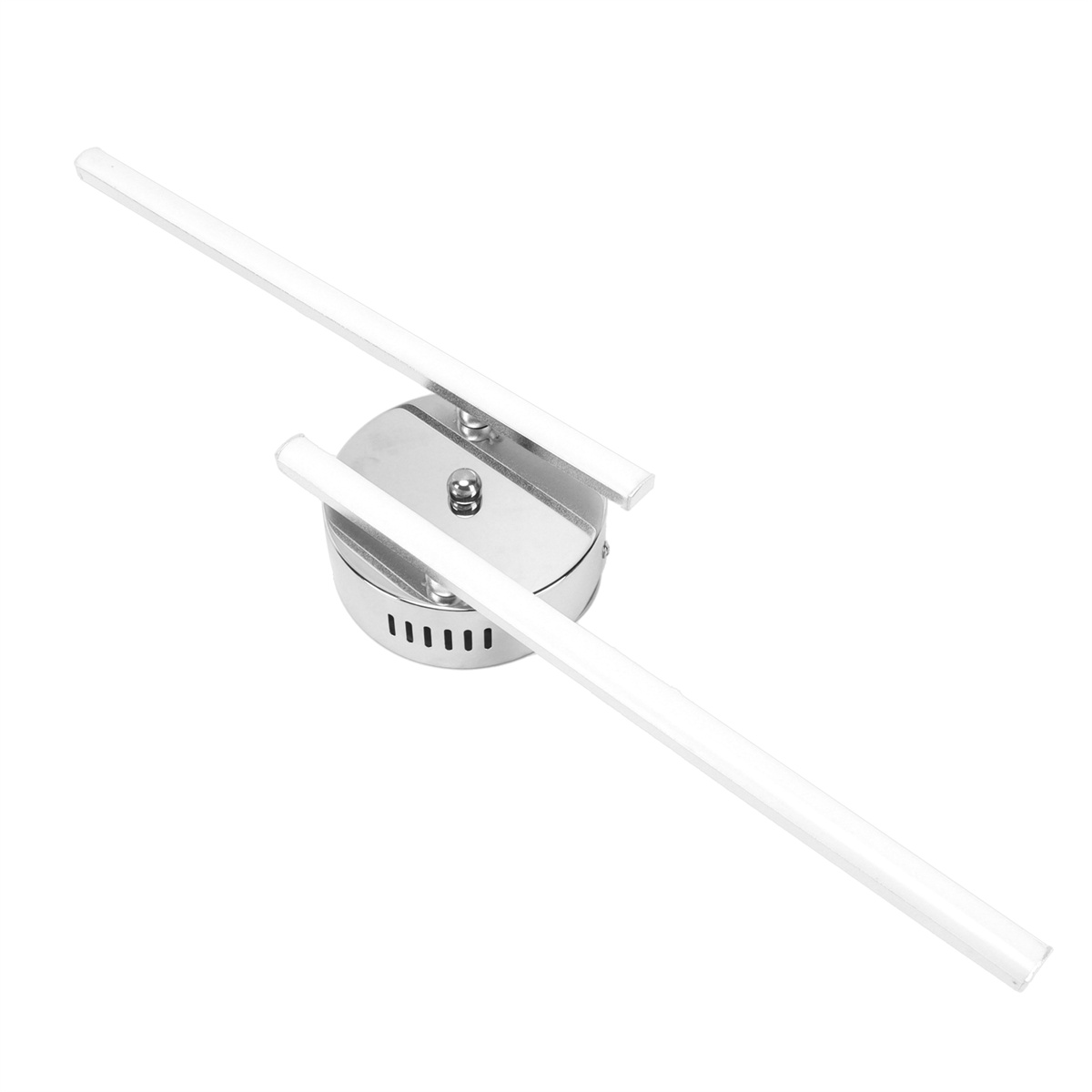 Eine silberne, kreisförmige Lampe mit zwei geraden Lichtleisten.