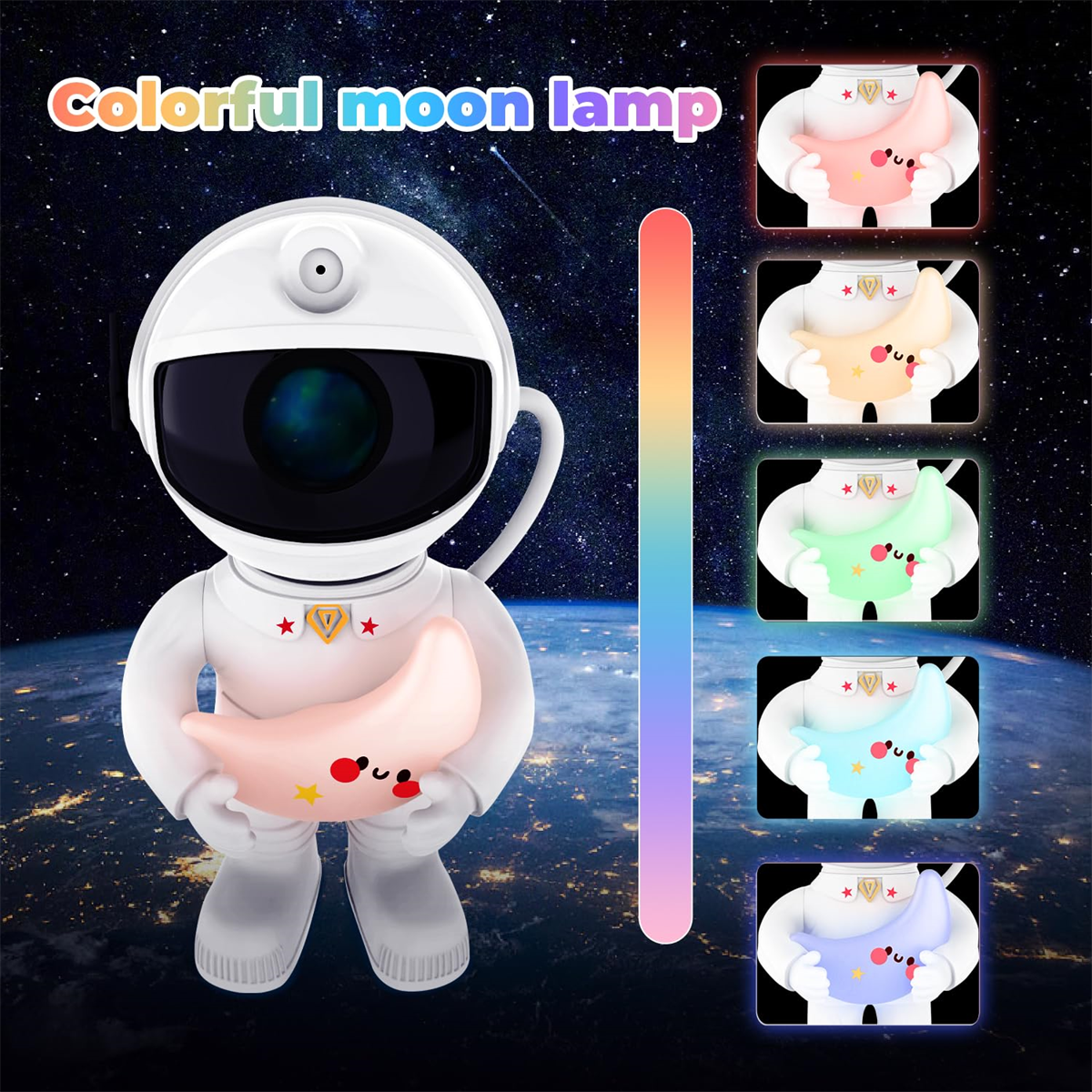 Weiße Astronautenlampe, die einen Mond hält. Farben werden in einem Farbverlauf angezeigt: Rosa, Gelb, Grün, Blau, Lila.
