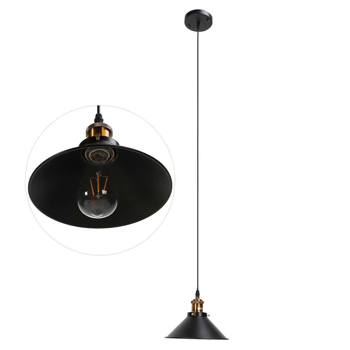 Schwarze Pendelleuchte mit schwarzem Schirm und klarer Glühbirne, von der Decke hängend.