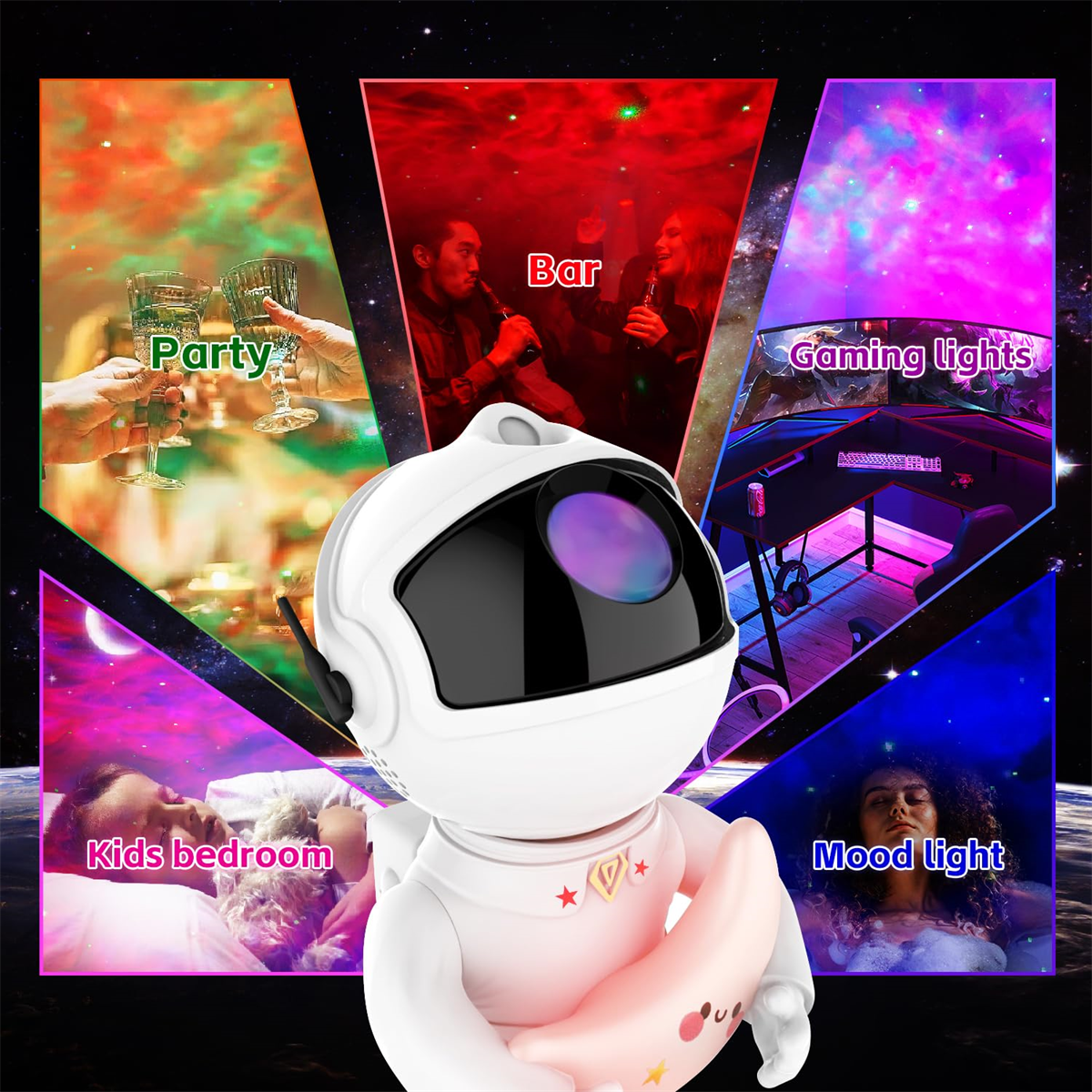 Ein Projektor in Astronautenform mit verschiedenen Lichtszenen: Party, Bar, Gaming-Lichter, Kinderzimmer, Stimmungslicht.