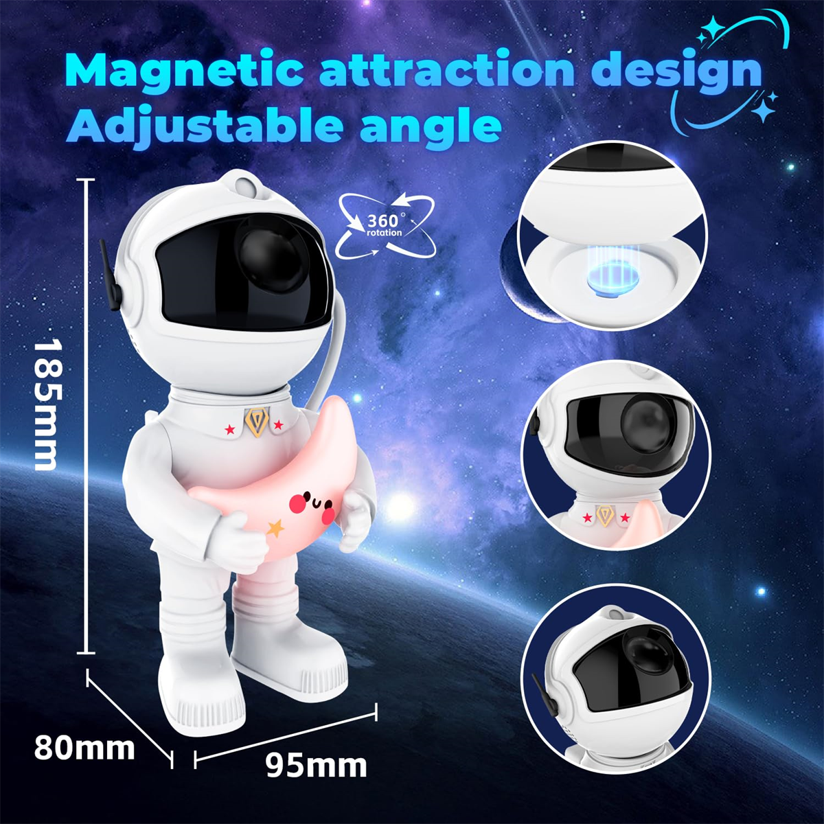 Ein weißes Astronautenspielzeug, das einen rosa Mond hält. Der Hintergrund ist eine Weltraumszene mit einem blauen und violetten Nebel.