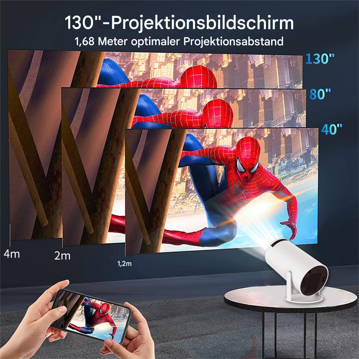 Ein Projektor zeigt einen Film auf einer Leinwand. Bilder werden in verschiedenen Größen angezeigt: 40, 80 und 130 Zoll.