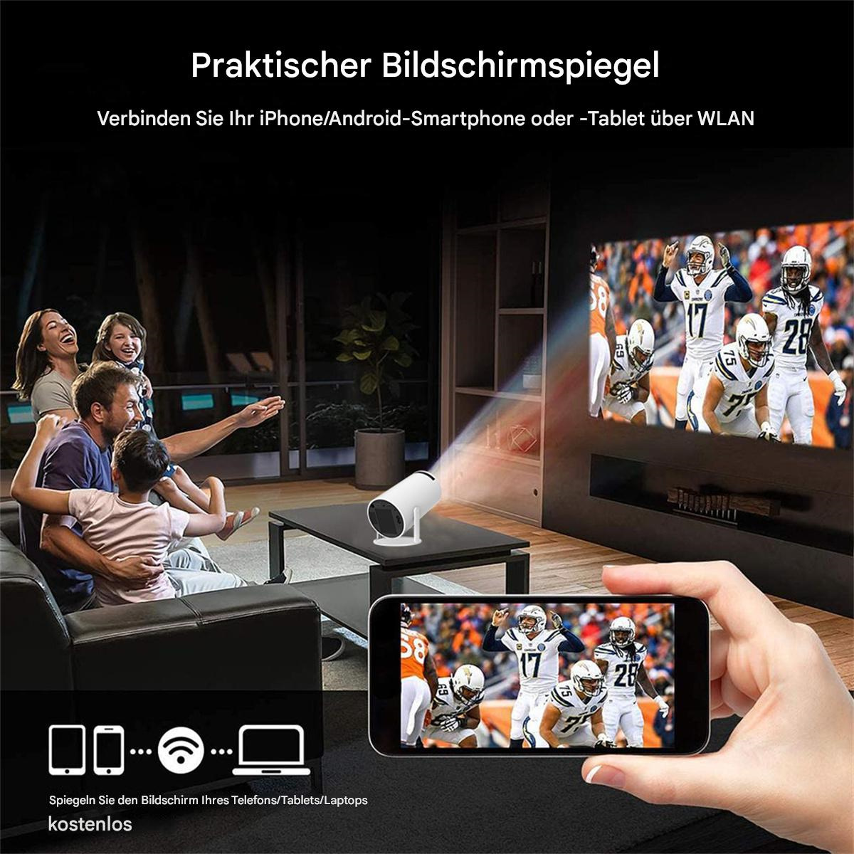 Leute schauen ein Fußballspiel auf einer großen Leinwand, kleiner Projektor auf einem Tisch, ein Telefon.