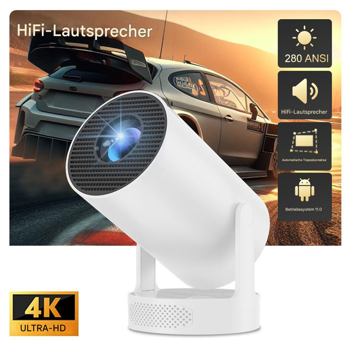 Ein weißer Projektor mit einem Auto im Hintergrund. Zeigt 4K Ultra HD und andere Symbole.