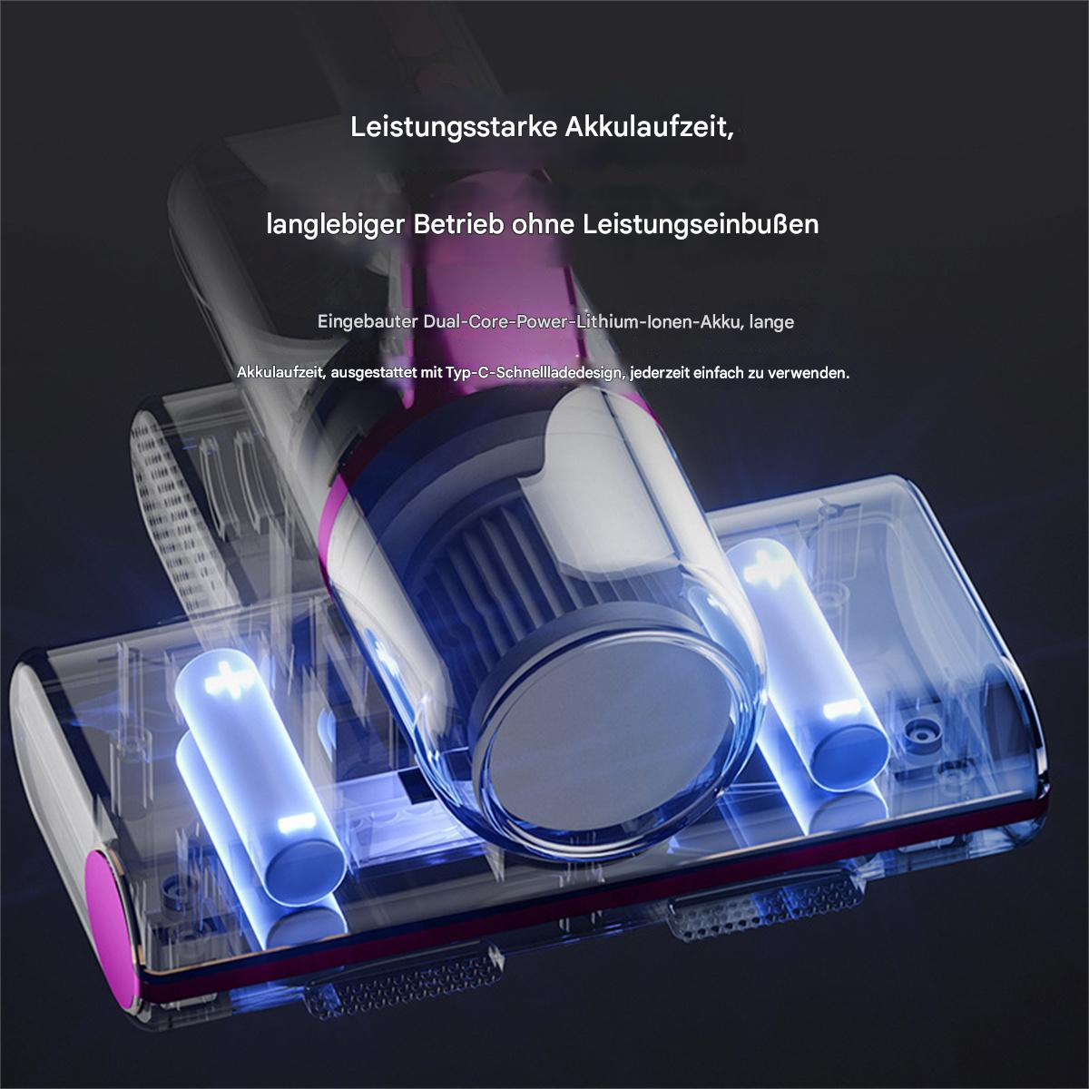 Ein transparenter Staubsauger, der seine inneren Komponenten und einen rosa Akzent zeigt. Text sagt: lange Akkulaufzeit.