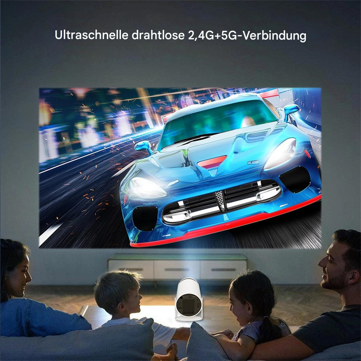 Familie schaut ein projiziertes Bild eines blauen Autos. Der Projektor steht vor ihnen. Text: Drahtlose Verbindung.