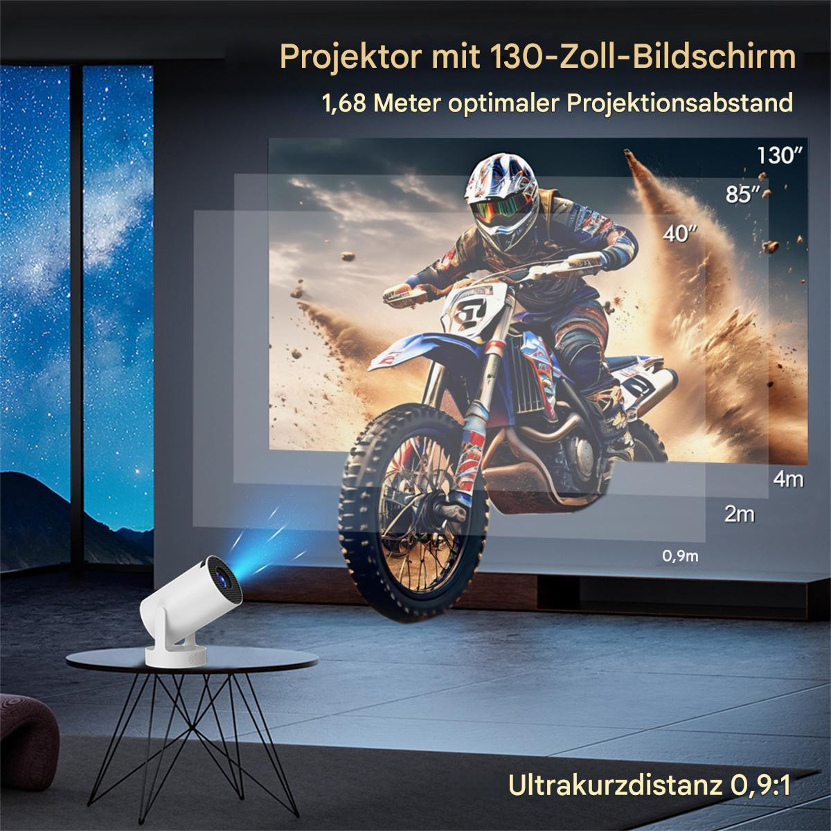 Projektor projiziert Bild eines Motorradrennens. Der Projektor steht auf einem Tisch.