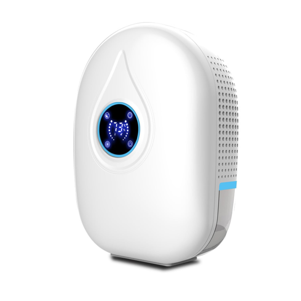 Weißer Luftentfeuchter mit Digitalanzeige mit blauer Zahl. Mit Wassertropfen-Design.