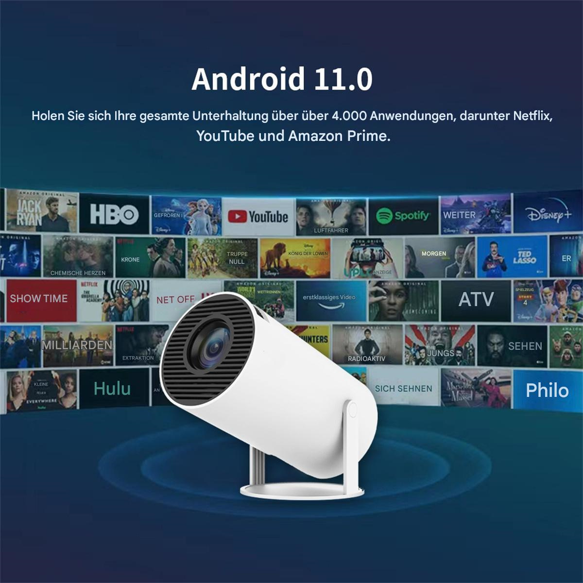 Weißer Projektor mit Filmbildern im Hintergrund, Text zu Android 11.0 und Apps.