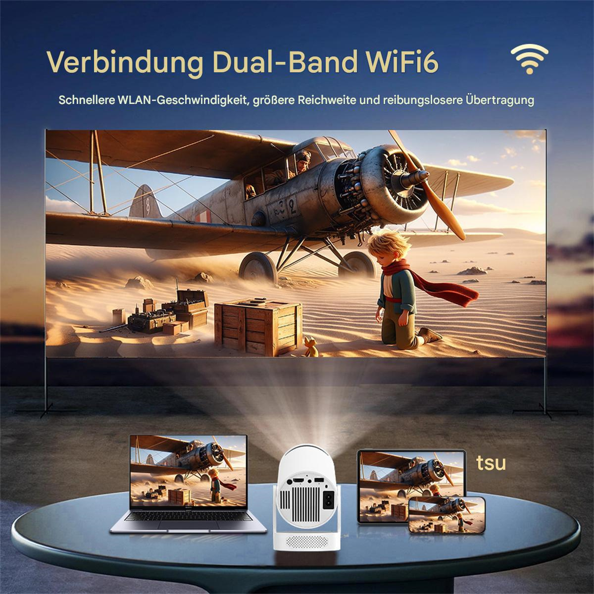 Projektor, der einen Film auf der Leinwand anzeigt, mit Laptops und Telefon.