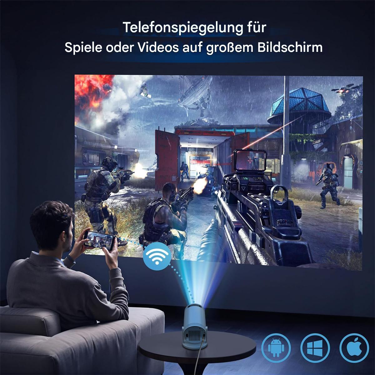 Mann, der einen Bildschirm betrachtet, der eine Videospielszenen projiziert, projiziert von einem Gerät.