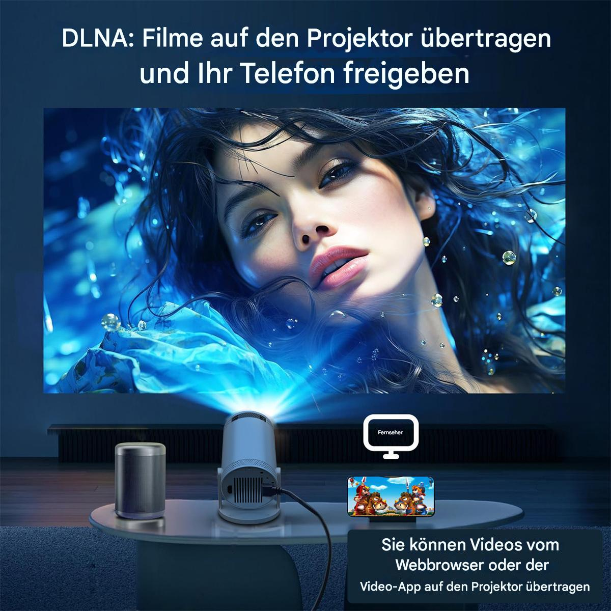 Gesicht einer Frau auf eine Wand projiziert, mit einem Bildschirm, der ein Telefon mit einem Cartoon-Bild zeigt. Text auf Deutsch.
