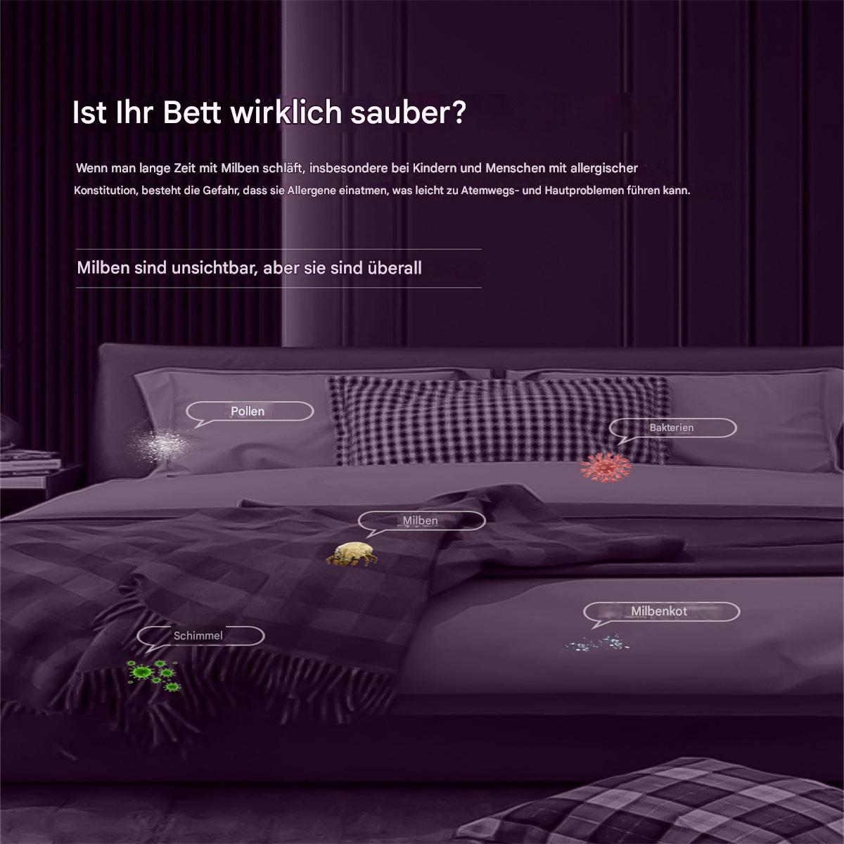 Ein Bett mit sichtbaren Allergenen, mit Text auf Deutsch.