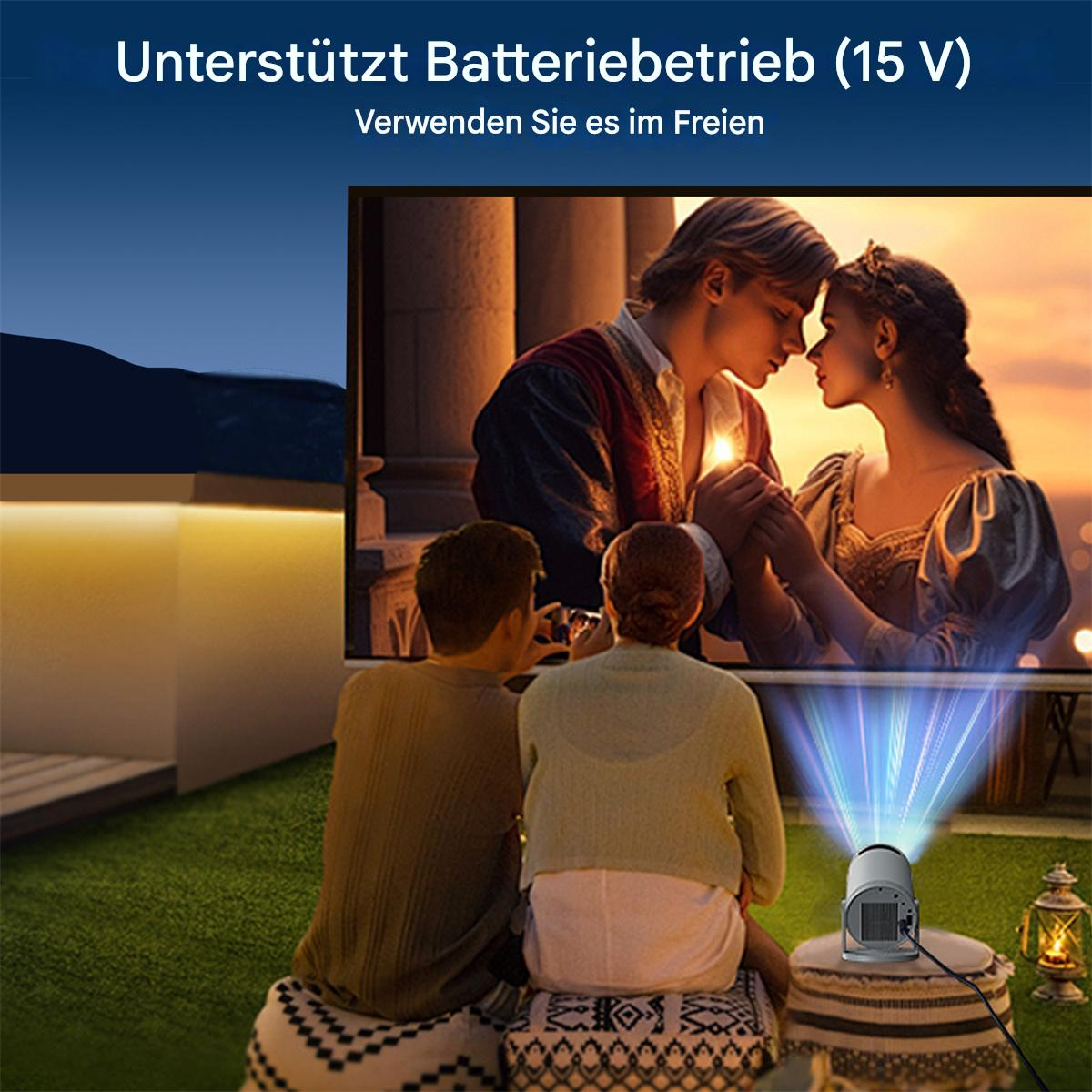 Menschen schauen einen Film auf einer Leinwand, mit Projektor und Gebäude.