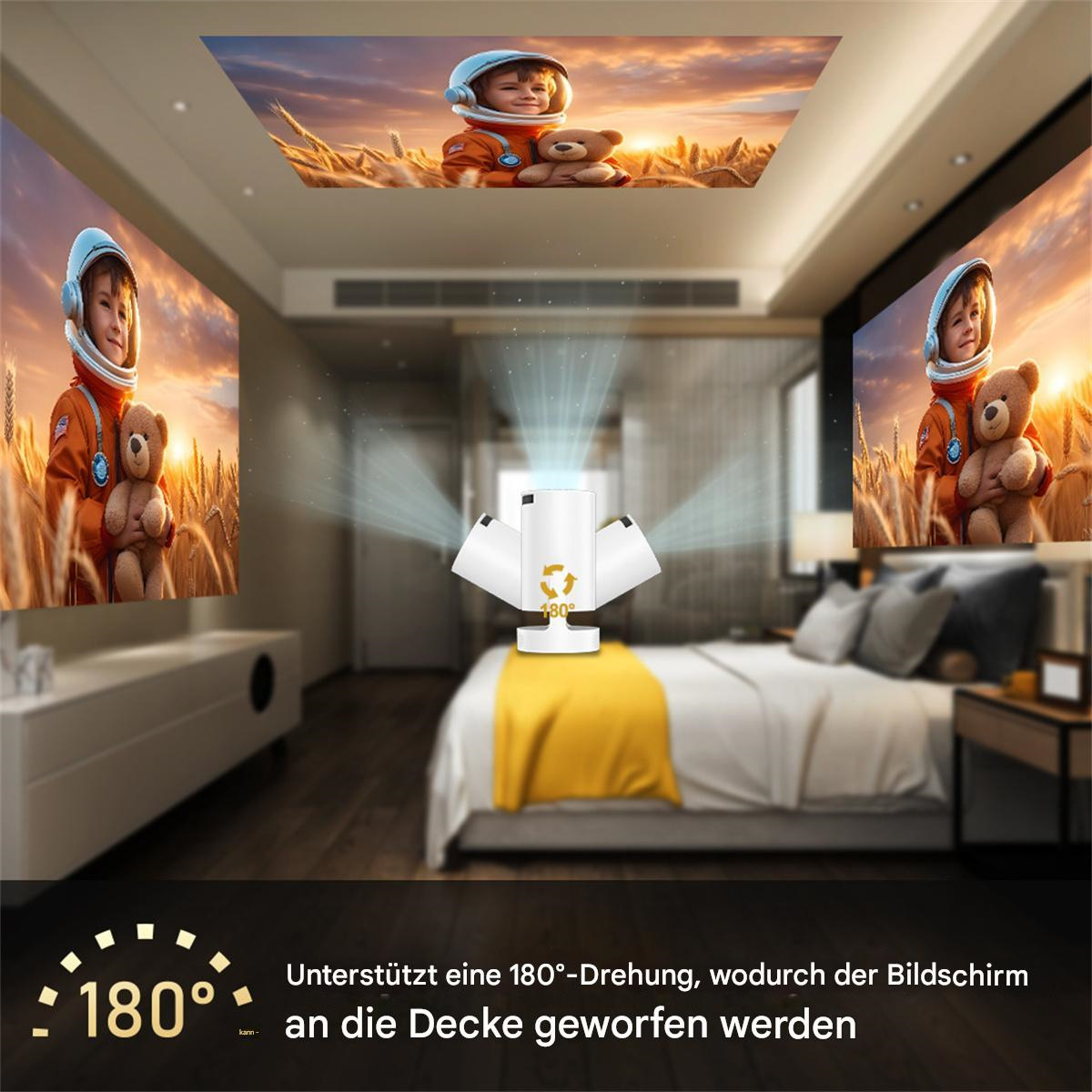 Ein Projektor, der an die Decke projiziert. Zeigt ein Kind im Weltraum mit Teddybär.