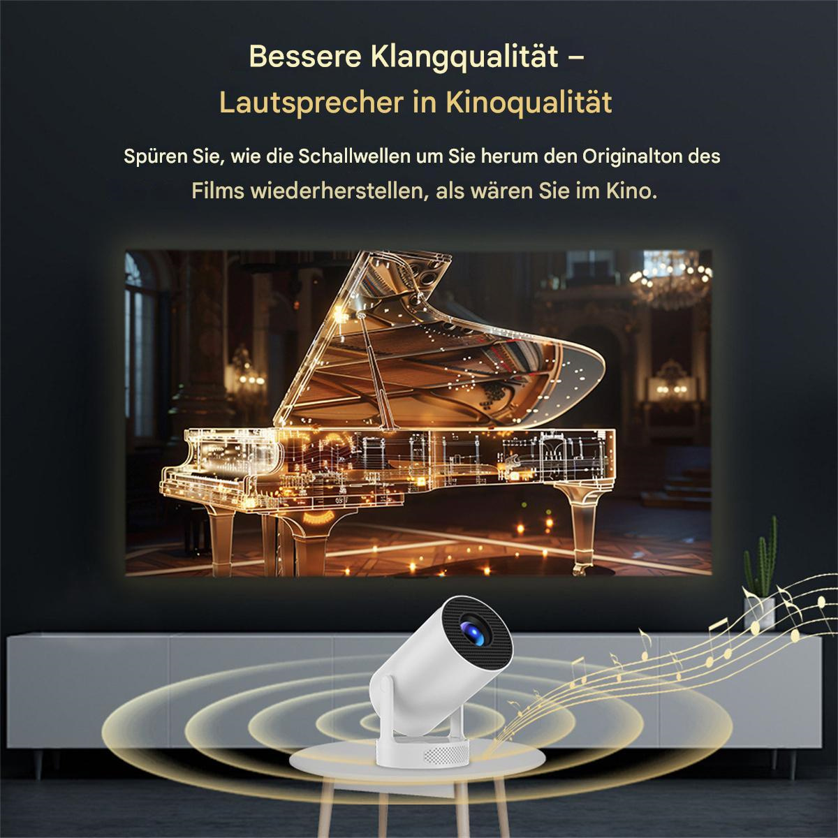 Ein weißer Projektor mit einem Klavierbild auf einem Bildschirm und Noten.