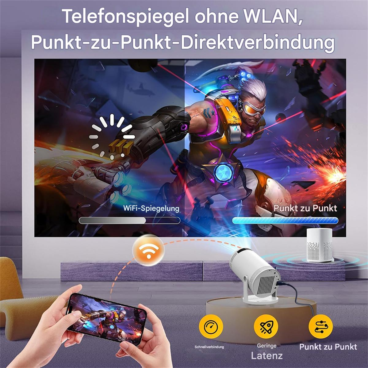 Ein Projektor zeigt eine Szene mit zwei Charakteren. Ein Telefon zeigt dieselbe Szene. Symbole unten.