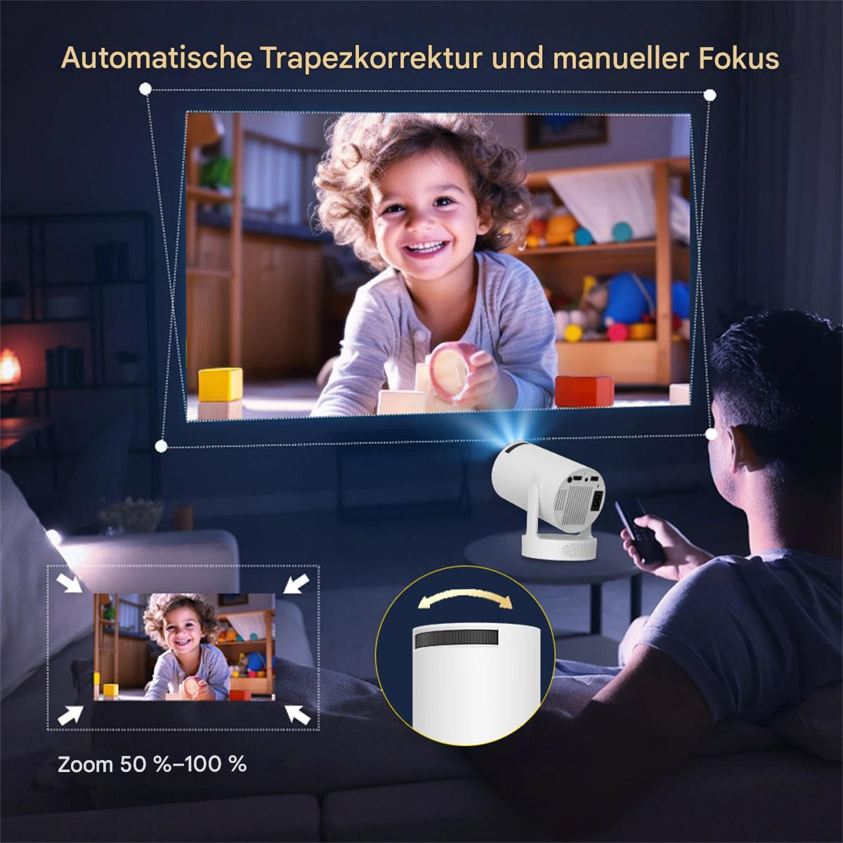 Ein Mann betrachtet ein projiziertes Bild eines Mädchens an einer Wand, darunter ist ein Projektor mit Anweisungen zu sehen.