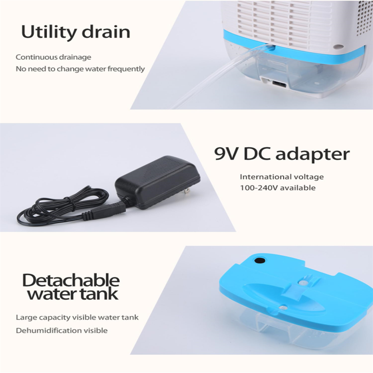 Luftentfeuchter mit Wassertank, 9V DC-Adapter und Abflussrohr, alles auf Weiß.