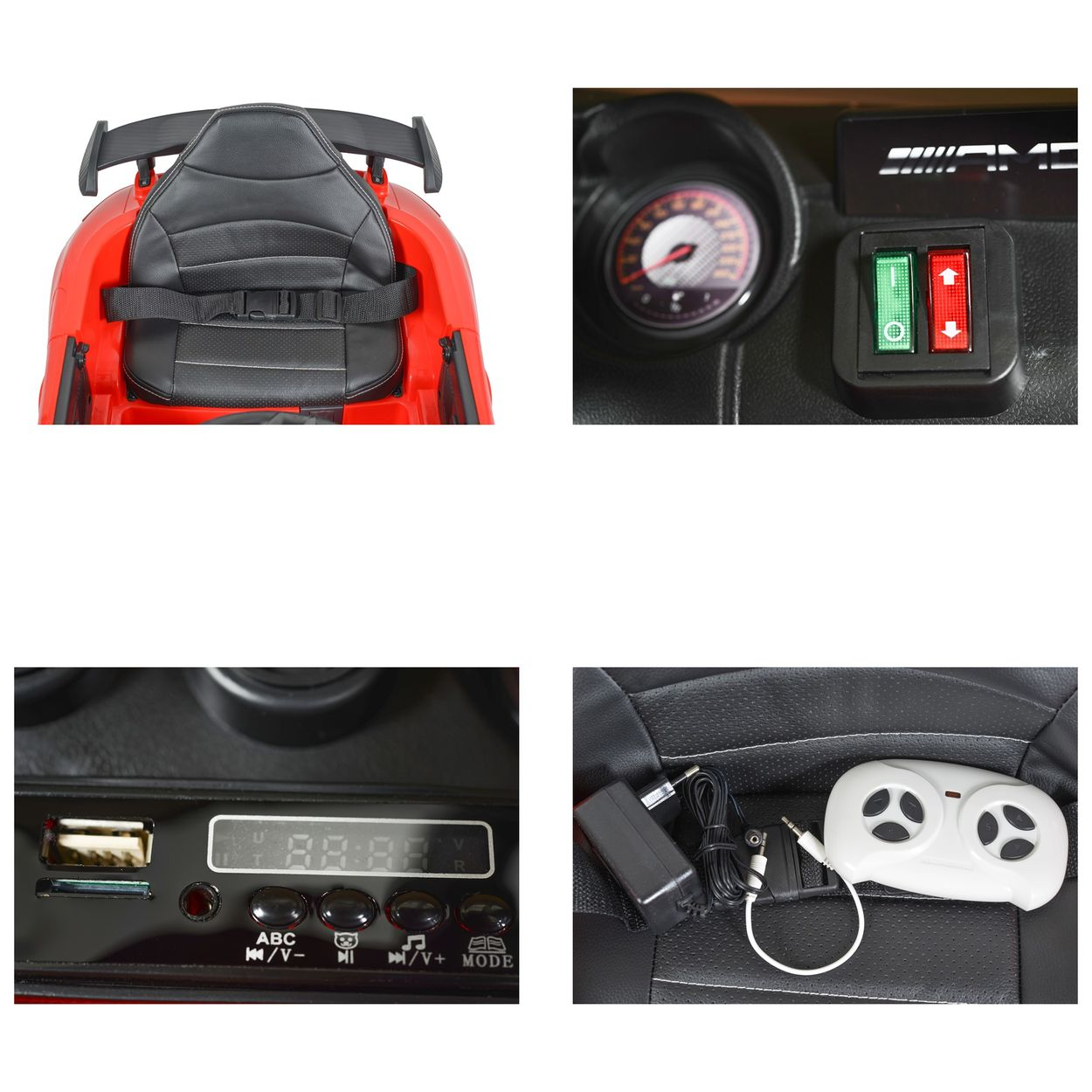 Rotes Spielzeugauto, schwarzer Sitz und Armaturenbrettdetails.