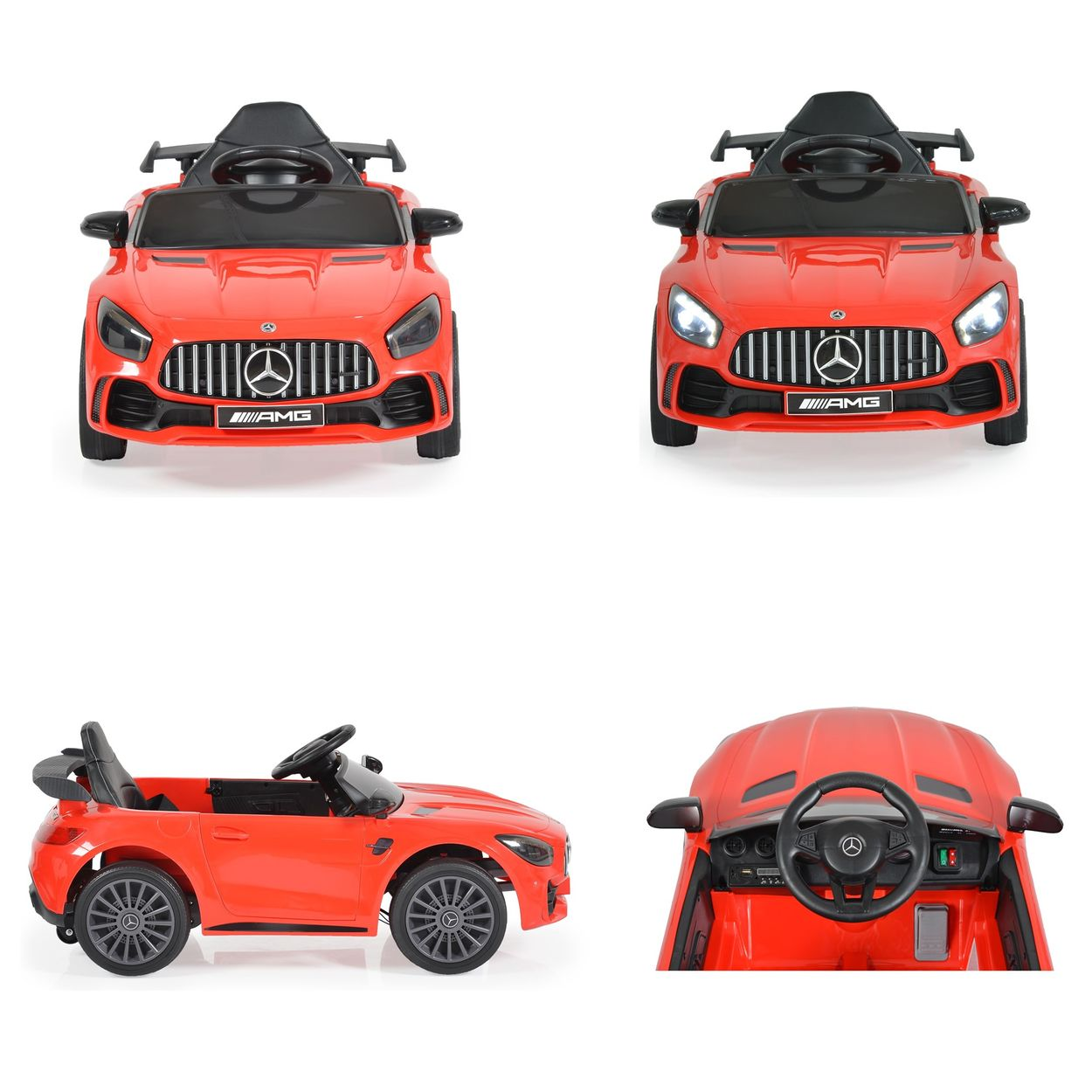 Vier Ansichten eines roten Spielzeugautos. Front-, Seiten- und Innendetails gezeigt.