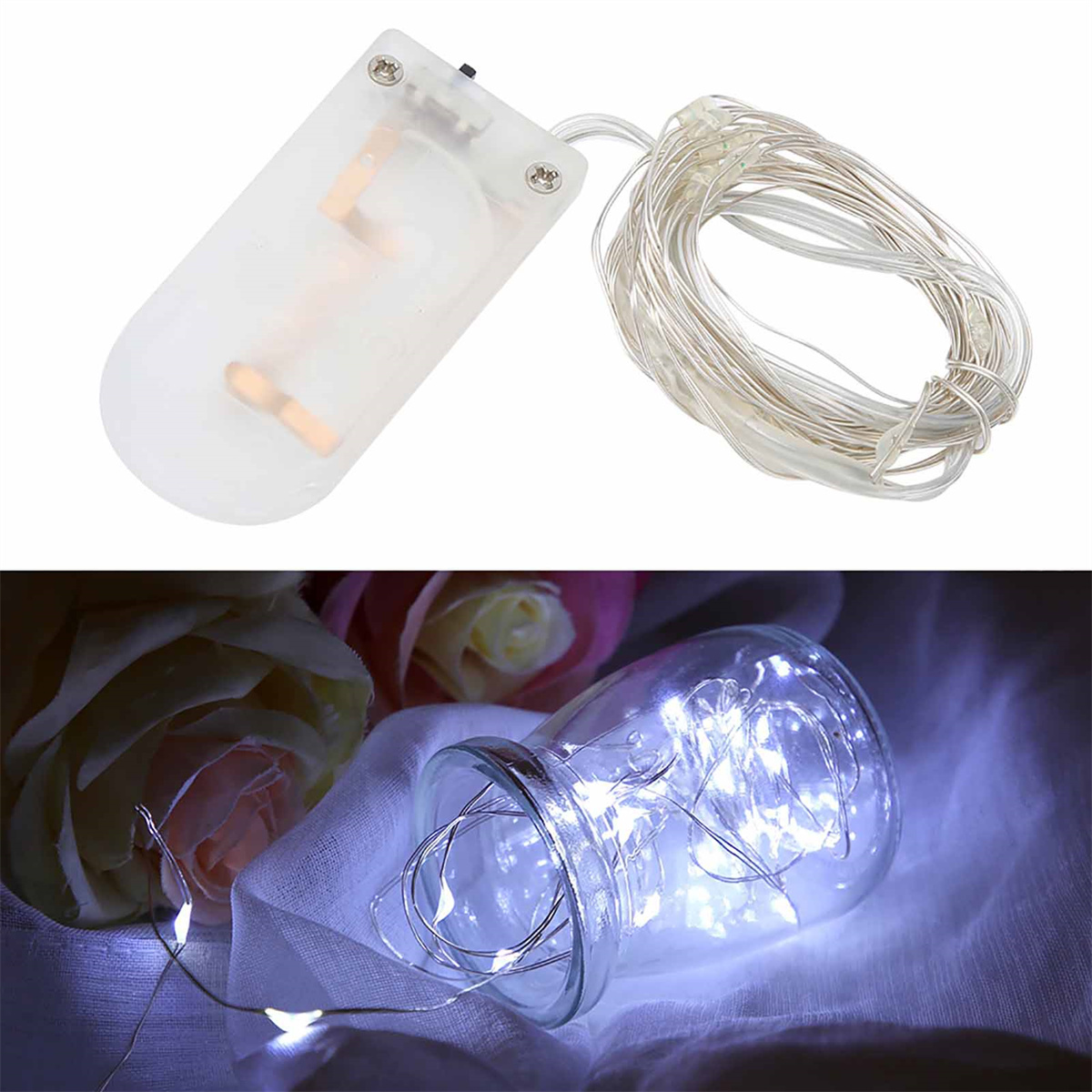 Zwei Bilder. Oben: Akkupack und Lichterketten. Unten: Glasgefäß mit Lichtern. Lichter sind im Glas.
