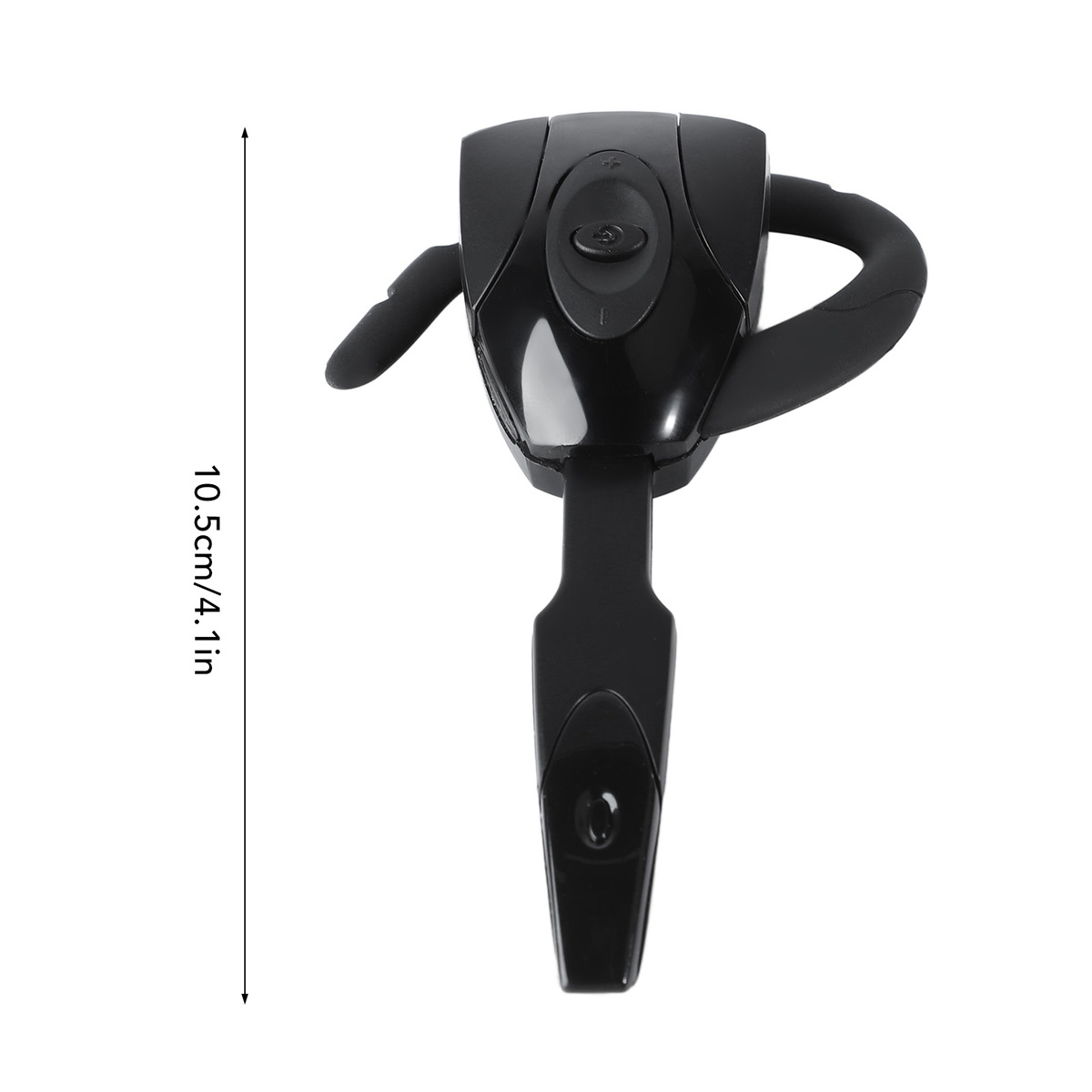 Ein schwarzes Bluetooth-Headset mit den Maßen: 10,5 cm/4,1 Zoll, auf weißem Hintergrund.