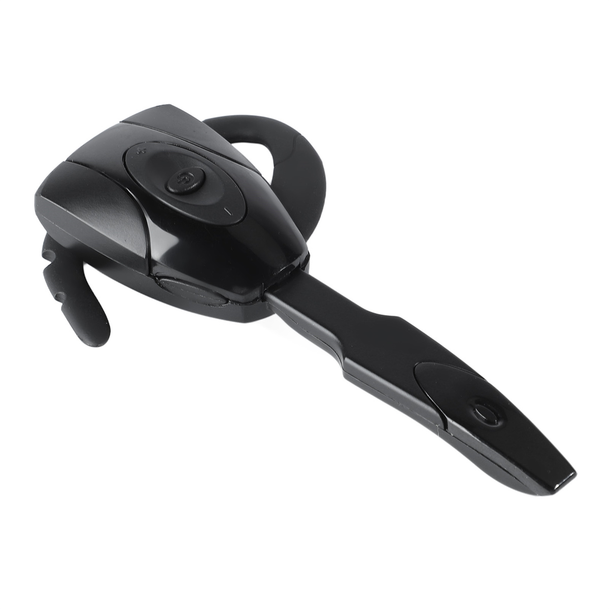 Schwarzes Bluetooth-Headset mit geschwungenem Design, das auf einer weißen Oberfläche liegt.