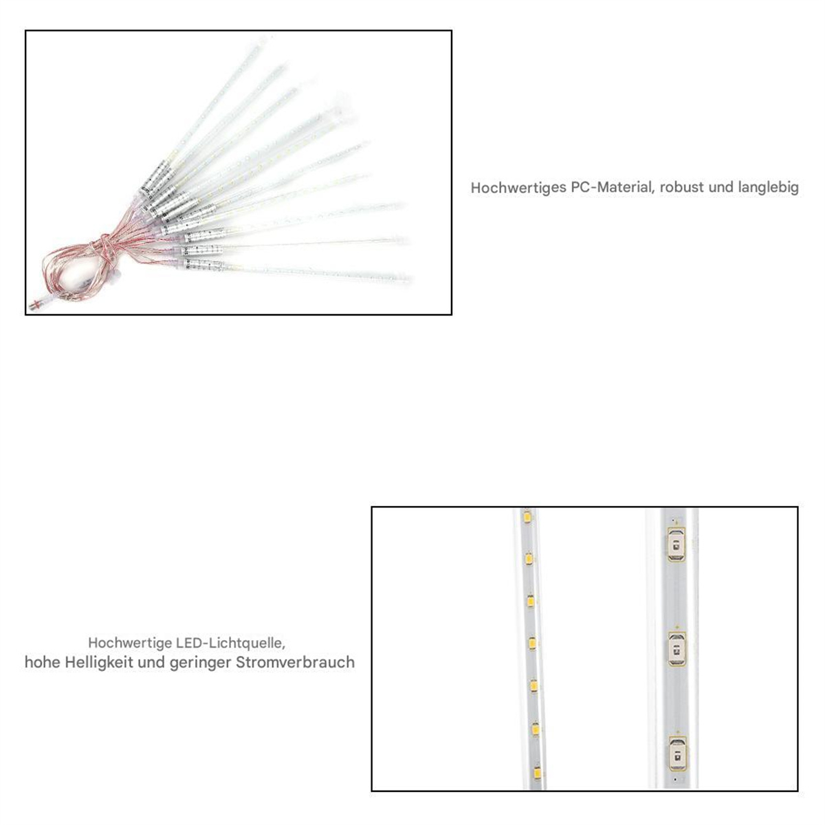 Zwei Bilder mit LED-Lichtern, Text über Material und Qualität.