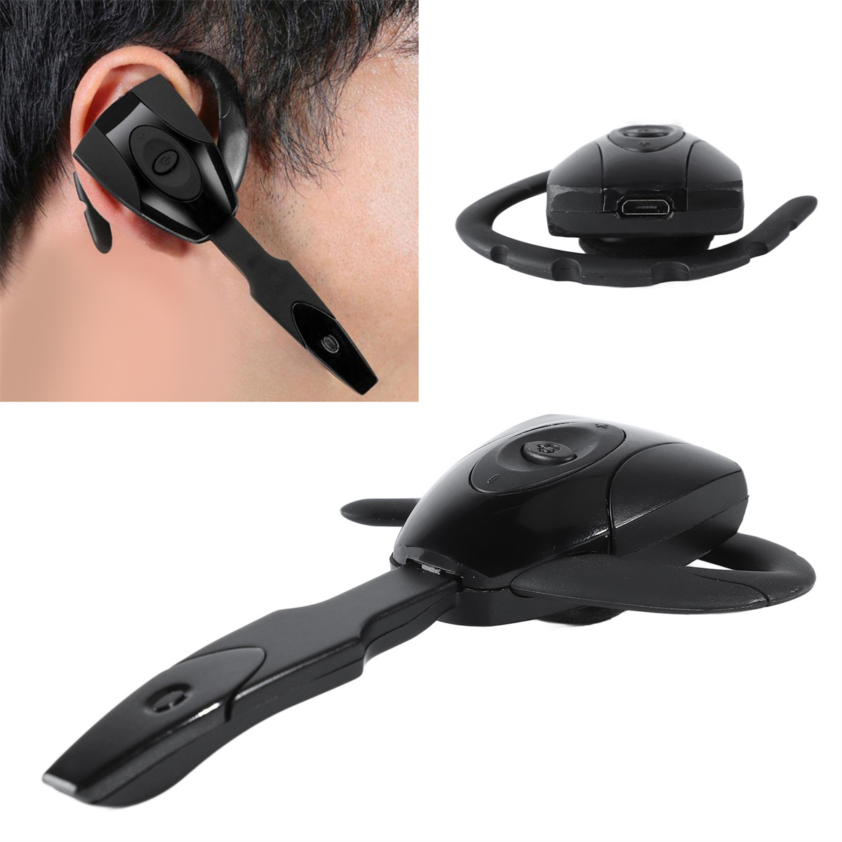 Ein schwarzes Bluetooth-Headset wird in mehreren Ansichten angezeigt. Es wird getragen.