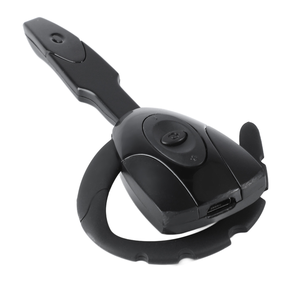 Ein schwarzes Bluetooth-Headset mit Haken und Ladeanschluss, isoliert auf weißem Hintergrund.