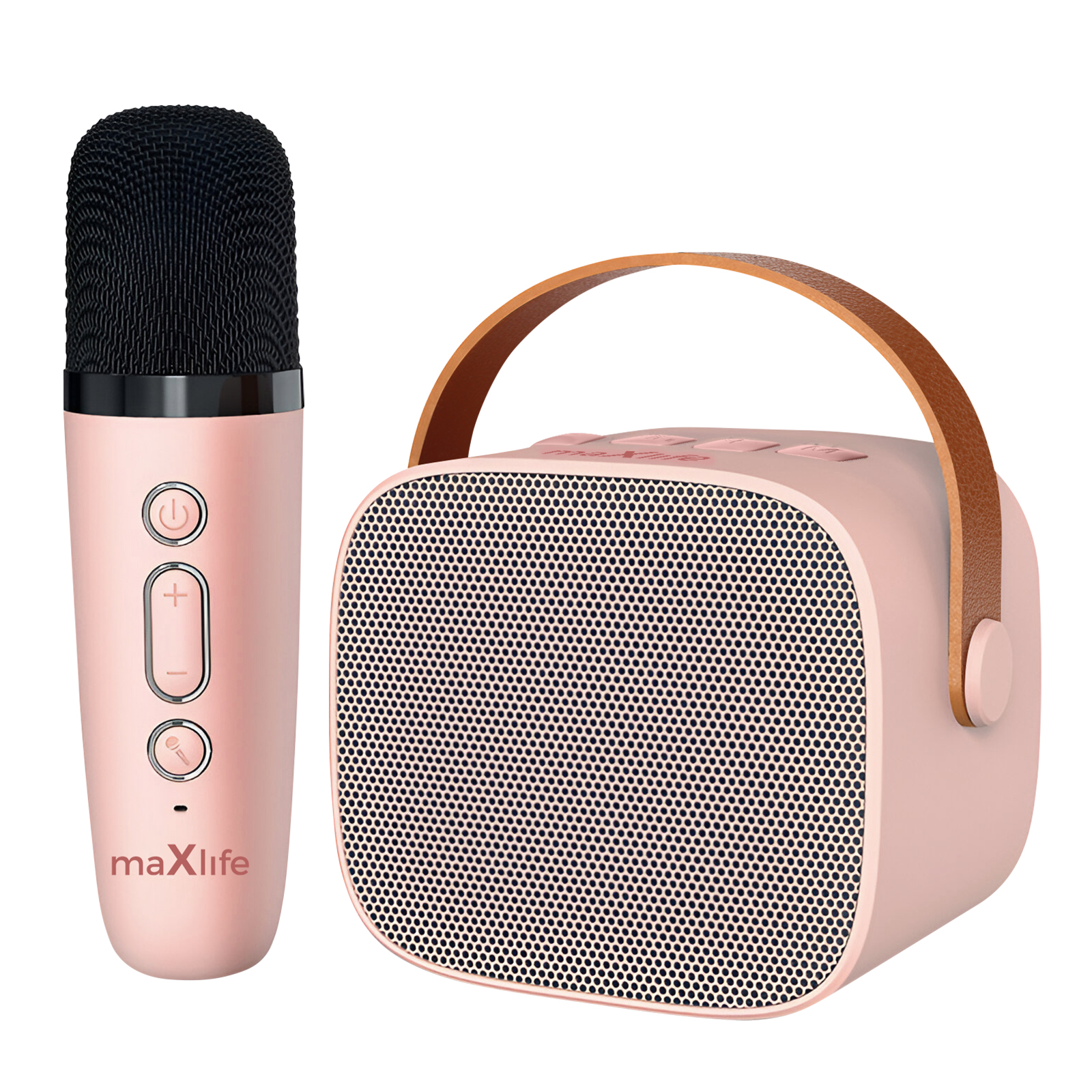 Un microfono rosa e un altoparlante rosa. Il microfono è a sinistra, l'altoparlante a destra.