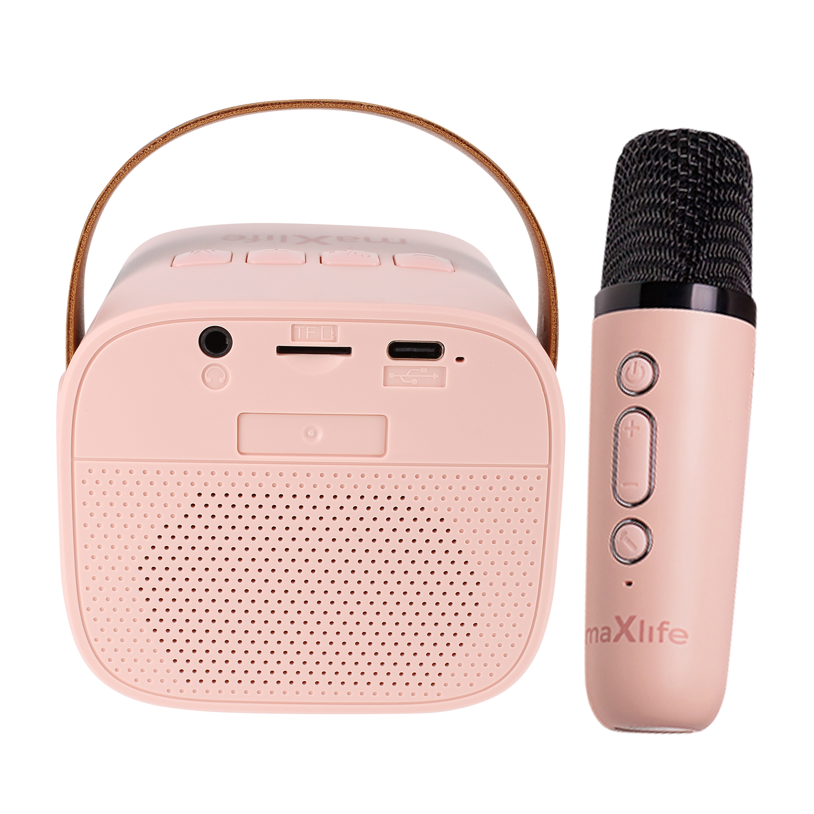 Altoparlante karaoke rosa con microfono, entrambi su sfondo bianco.