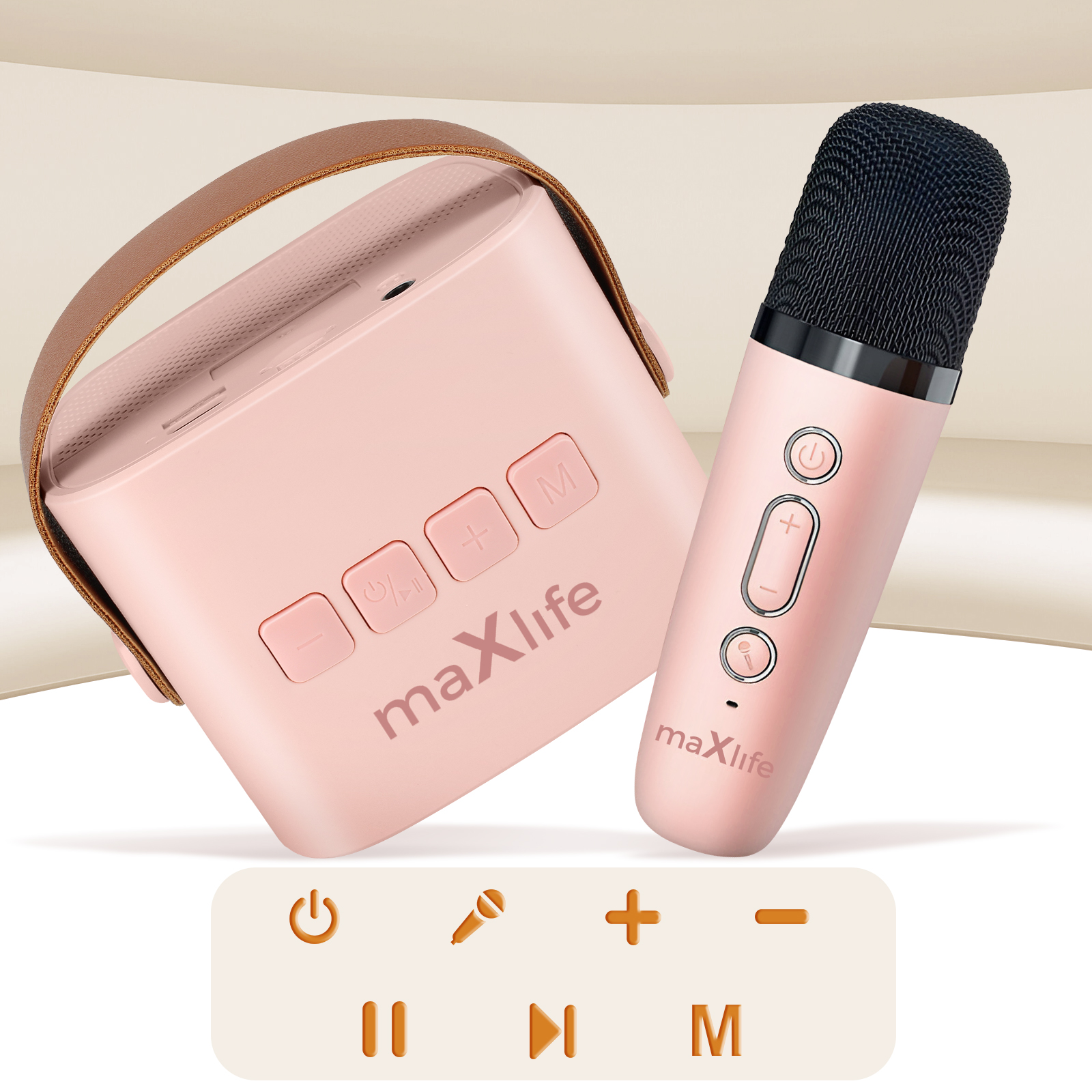Un set karaoke rosa con un altoparlante e un microfono. Le icone di controllo sono in primo piano.