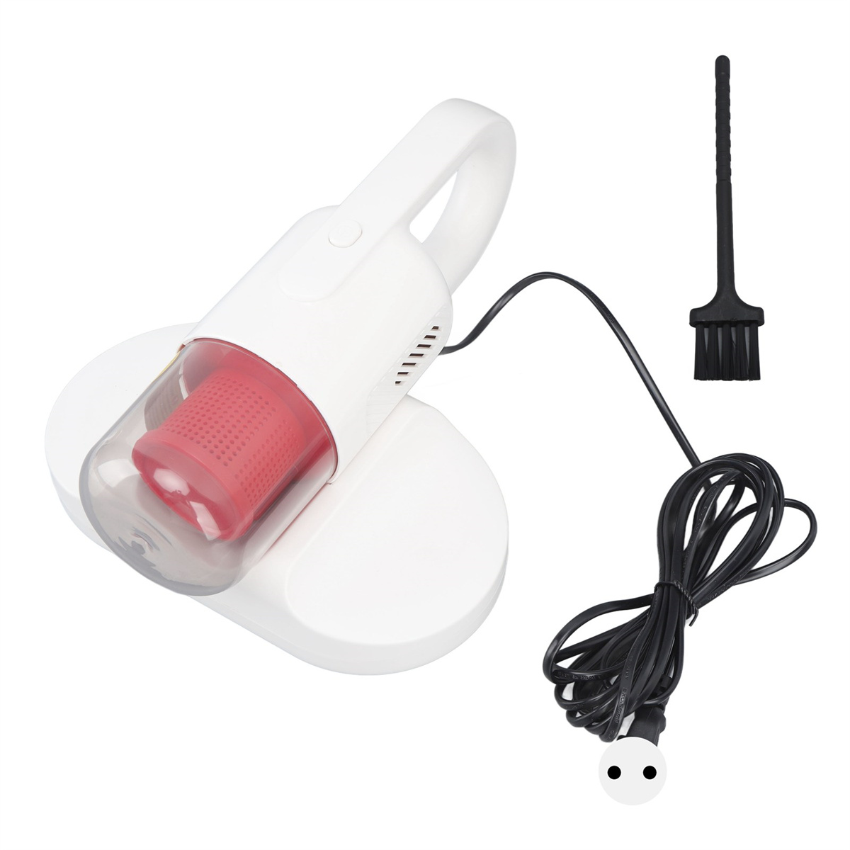 Weiß-roter kabelloser Staubsauger mit Ladestation und kleinem Bürstenzubehör.