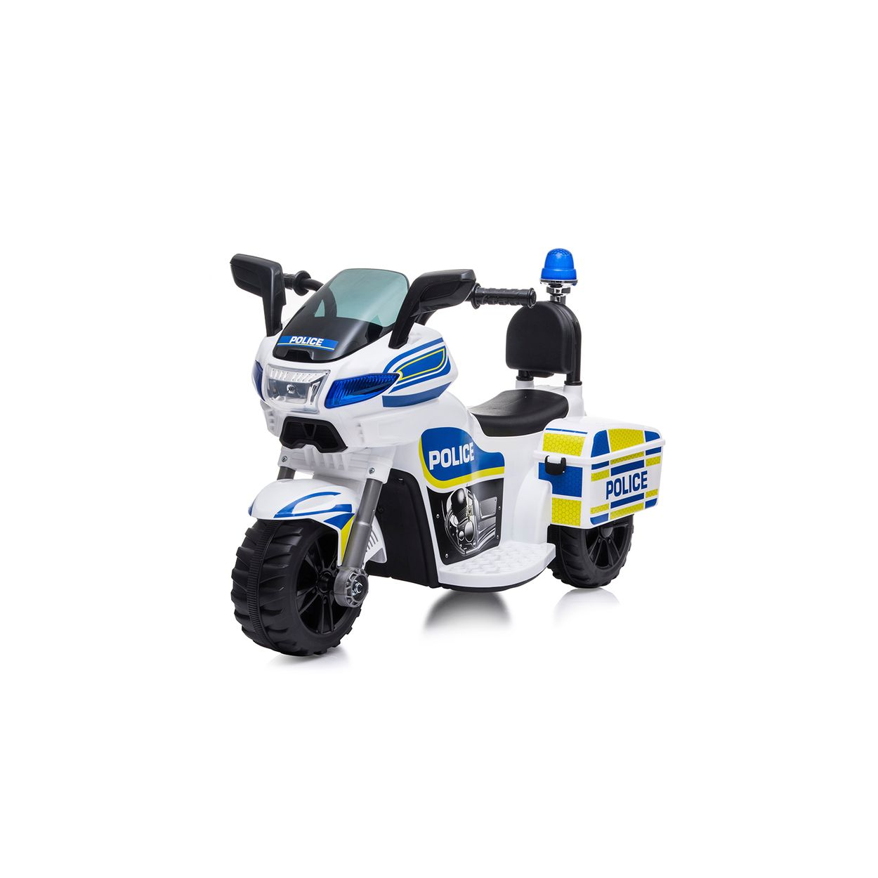 Weißes Polizei-Motorradspielzeug mit blauen und gelben Akzenten, auf weißem Hintergrund.