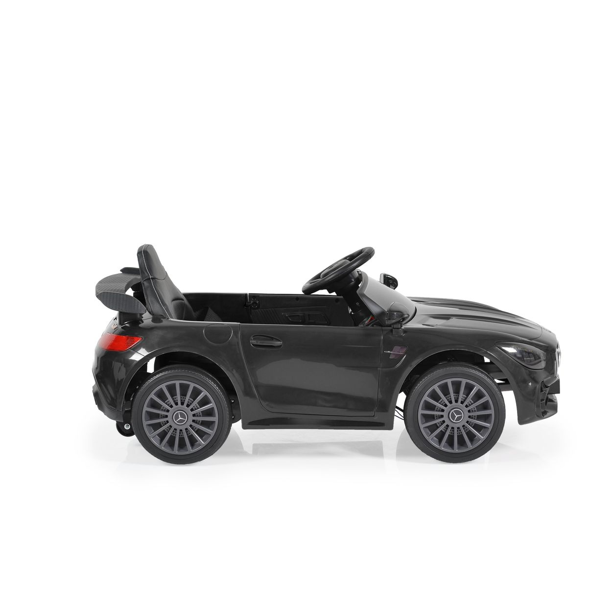 Schwarzes Spielzeugauto, Seitenansicht. Weißer Hintergrund. Das Auto ähnelt einem Mercedes-Benz.