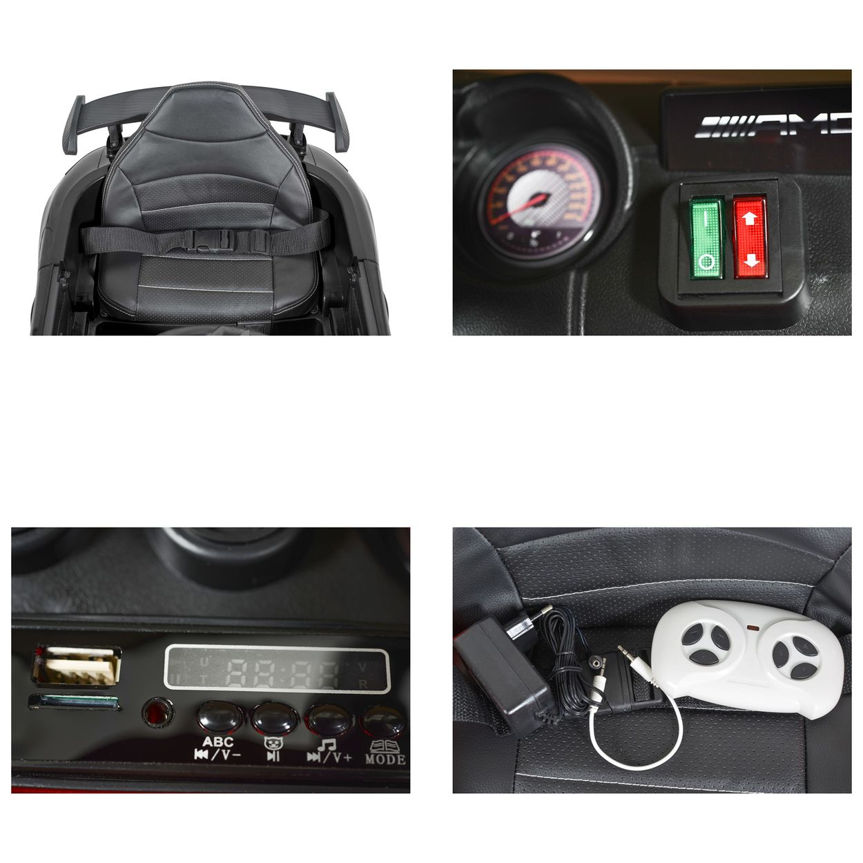 Vier Bilder von Details eines Spielzeugautos. Enthält Sitz, Armaturenbrett mit Bedienelementen und Ladegerät mit Fernbedienung.