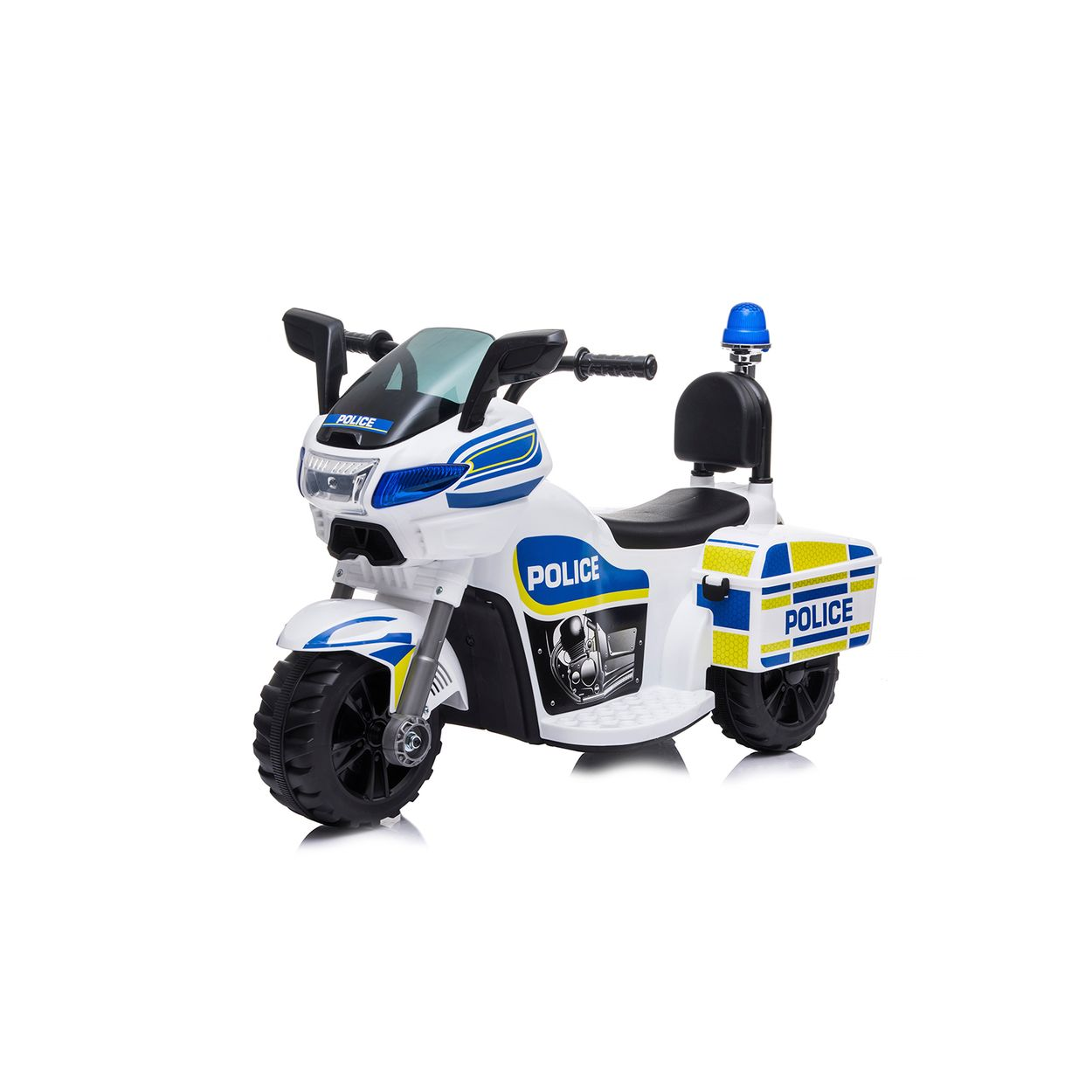 Weißes und blaues Spielzeug-Polizeimotorrad auf weißem Hintergrund.